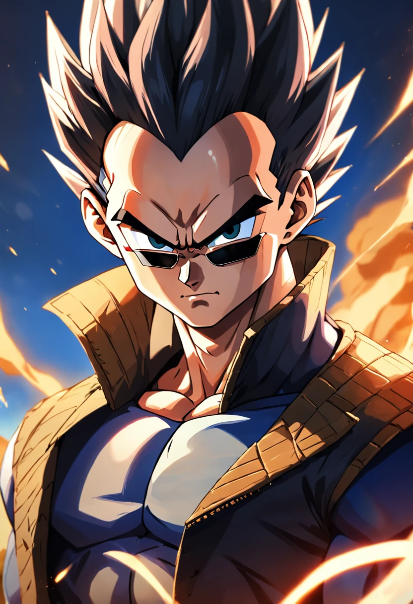 "a detailed artwork of Vegeta in an overcoat and black shirt wearing sunglasses on his face with a serious expression, Dragon ball z, 4k, 8k, Full HD, corpo inteiro, Estilo de arte de Dragon Ball, estilo de desenho hiper-realista, arte de anime limpa e detalhada, Dynamic background."