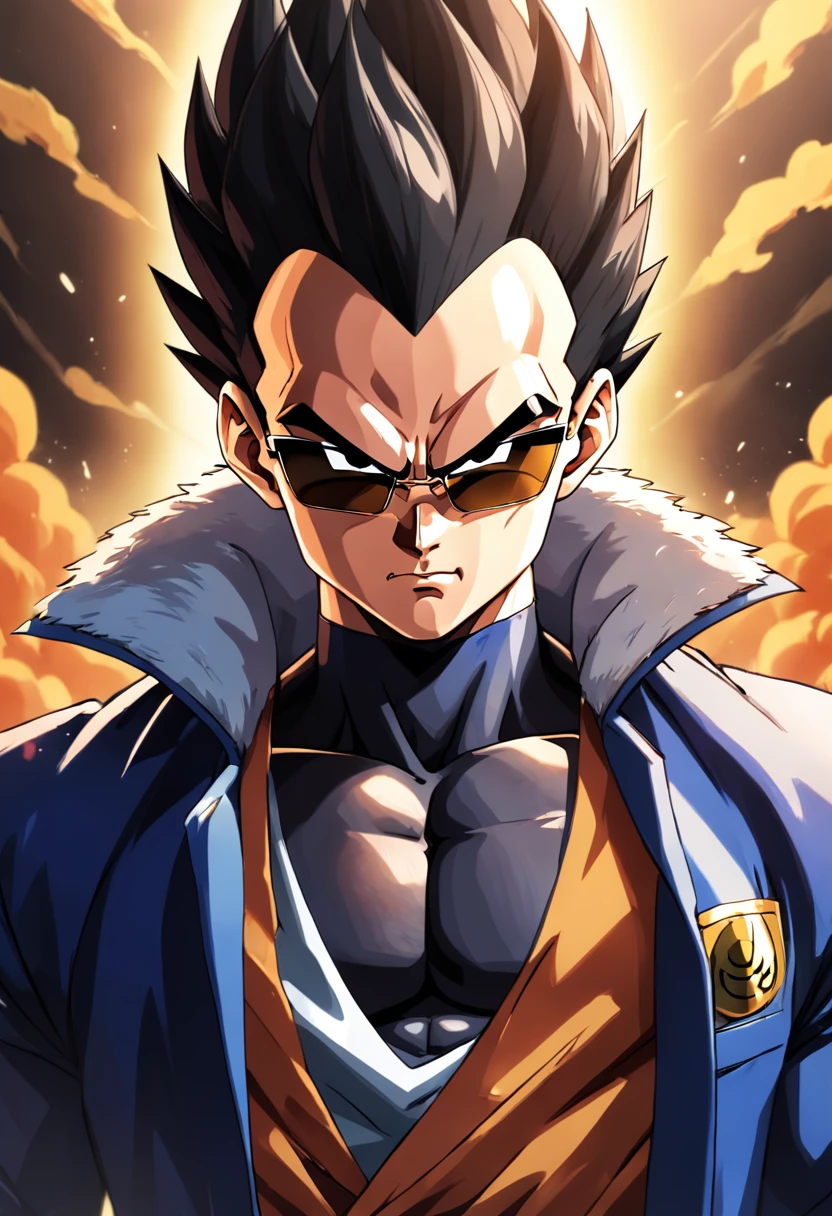 "a detailed artwork of Vegeta in an overcoat and black shirt wearing sunglasses on his face with a serious expression, Dragon ball z, 4k, 8k, Full HD, corpo inteiro, Estilo de arte de Dragon Ball, estilo de desenho hiper-realista, arte de anime limpa e detalhada, Dynamic background."