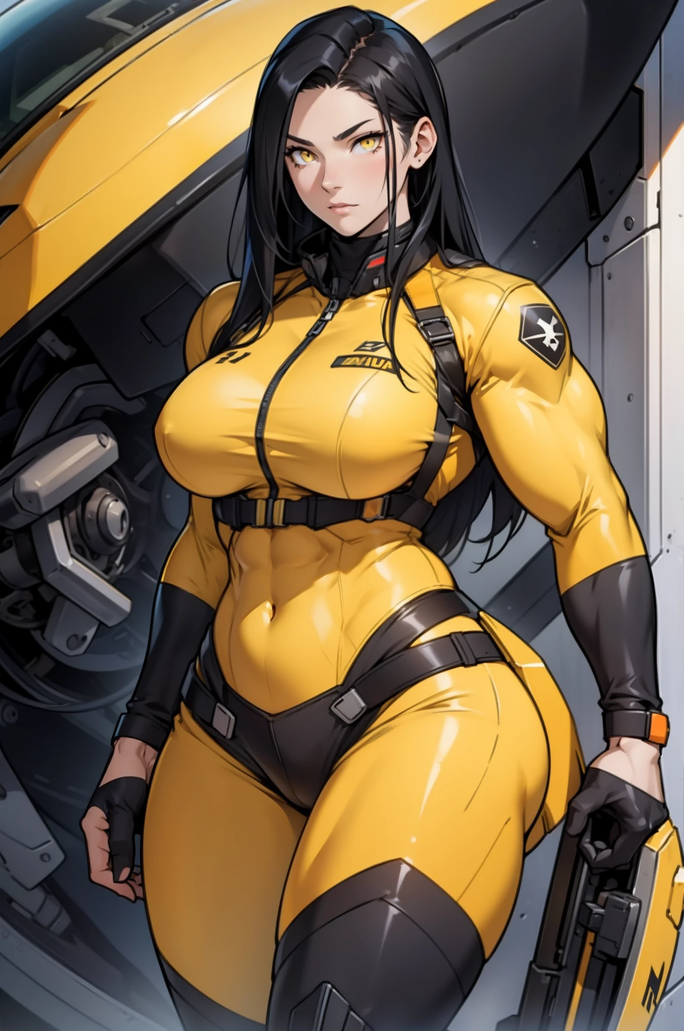 1 girl, black hair, yellow eyes, very long hair, pale skin, curvy, ((((extremely muscular)))), large breasts, (confident expression), pilot suit