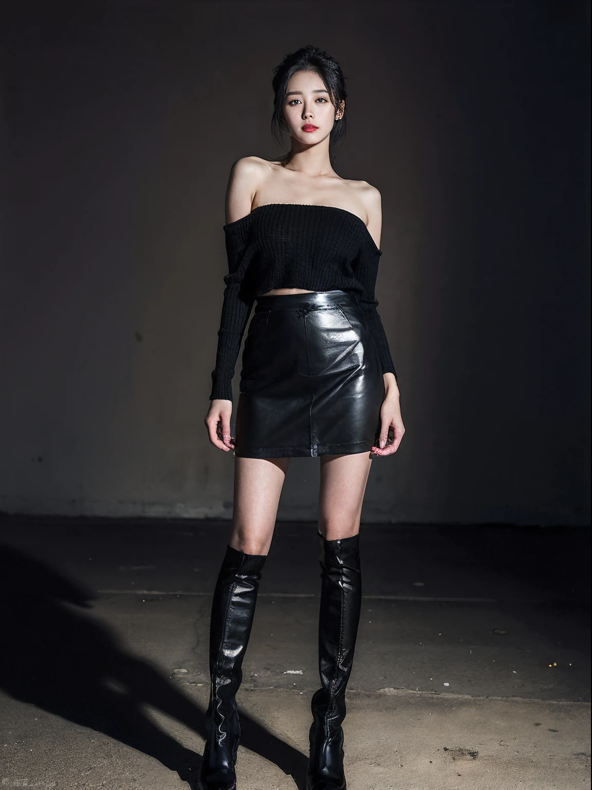 (RAW photo:1.2), (Photorealistic:1.4),Beautiful detailed woman, very detailed eyes and faces, A detailed eye, ultra - detailed, A high resolution, The is very detailed,best qualtiy,illustratio,unified,8k 壁纸,tmasterpiece,best qualtiy,1 gir,Solo,a skirt,Boots,Black color hair,long whitr hair,Over-the-knee boots,Skysky,shinning clothes,the night,Black shoes,looking at viewert,无袖,hason,leathers,upper legs,a black skirt,of shoulders,Short top
