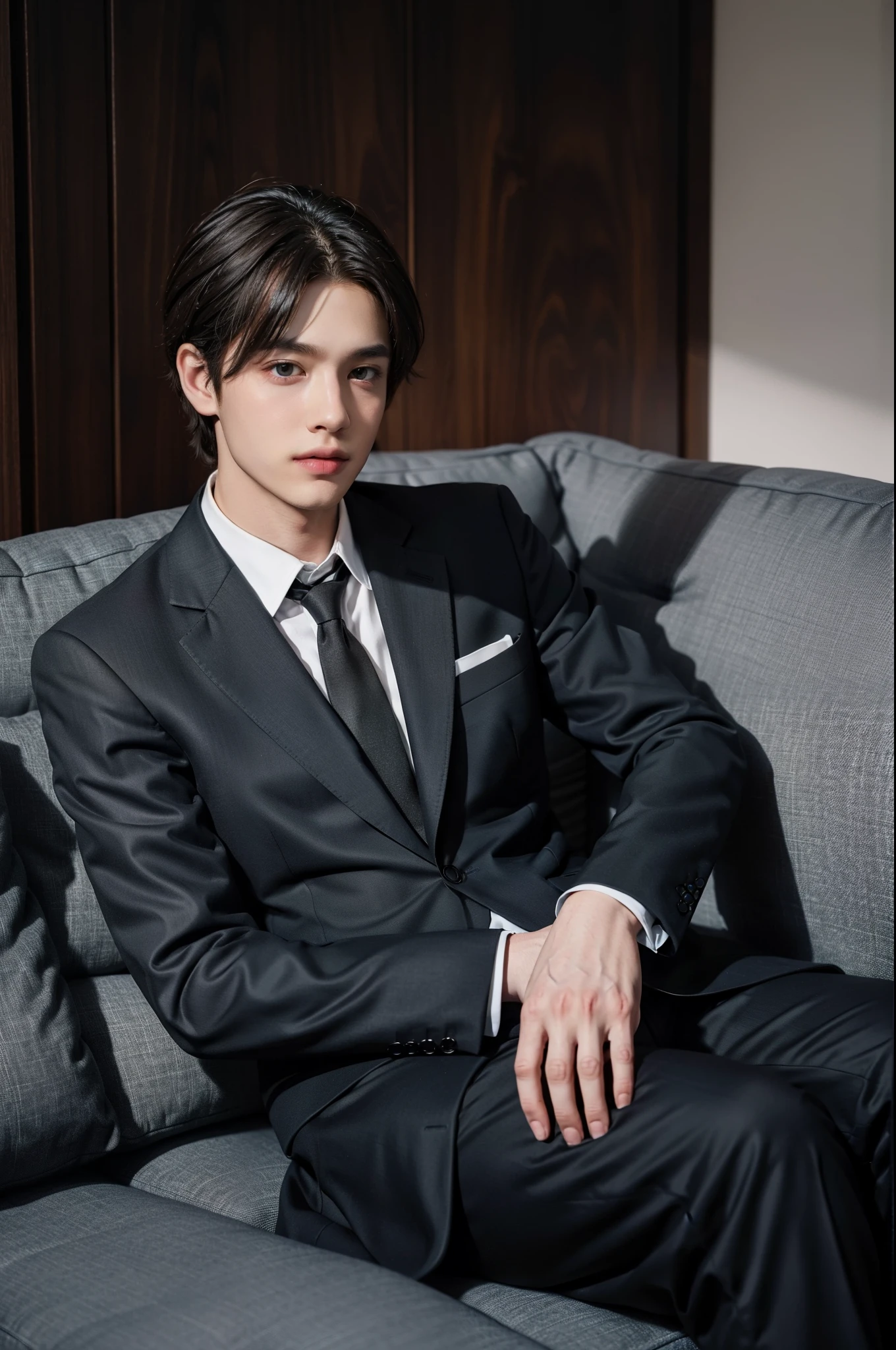 1boys,wear suit，Sit on a comfortable sofa,Cross ed leg,Soft light