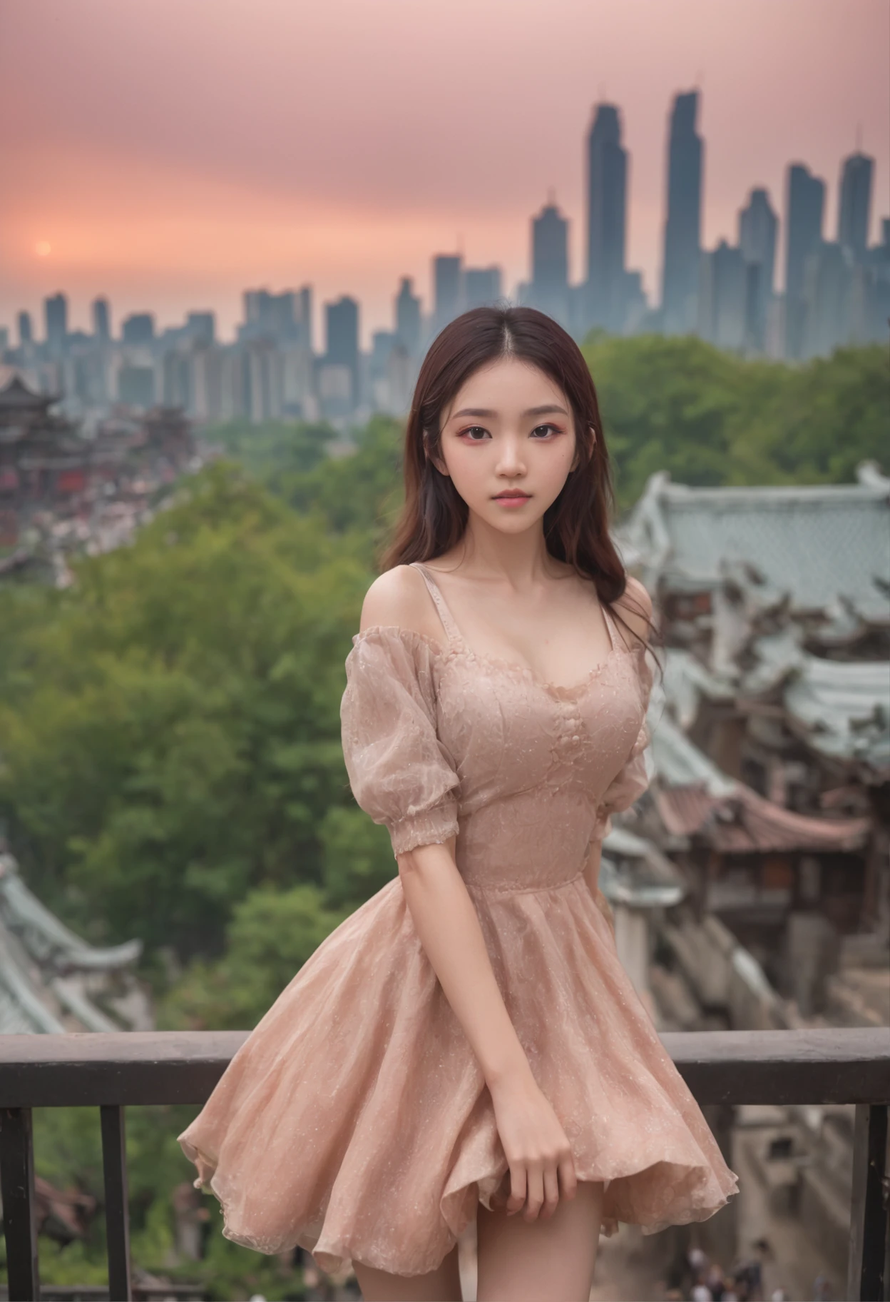 (Beautiful skyline,Magnificent sky),(Intense and dramatic imagery,the moving visual effects),(the high-hanging Polaris,Colorful natural light),(Chongqing 18-year-old mixed-race beautiful girl, China,full bodyesbian),(Wear a casual skirt,with a backpack),Toned Thighs,The reveal panties,((Canadian orange maple mountain in the background))