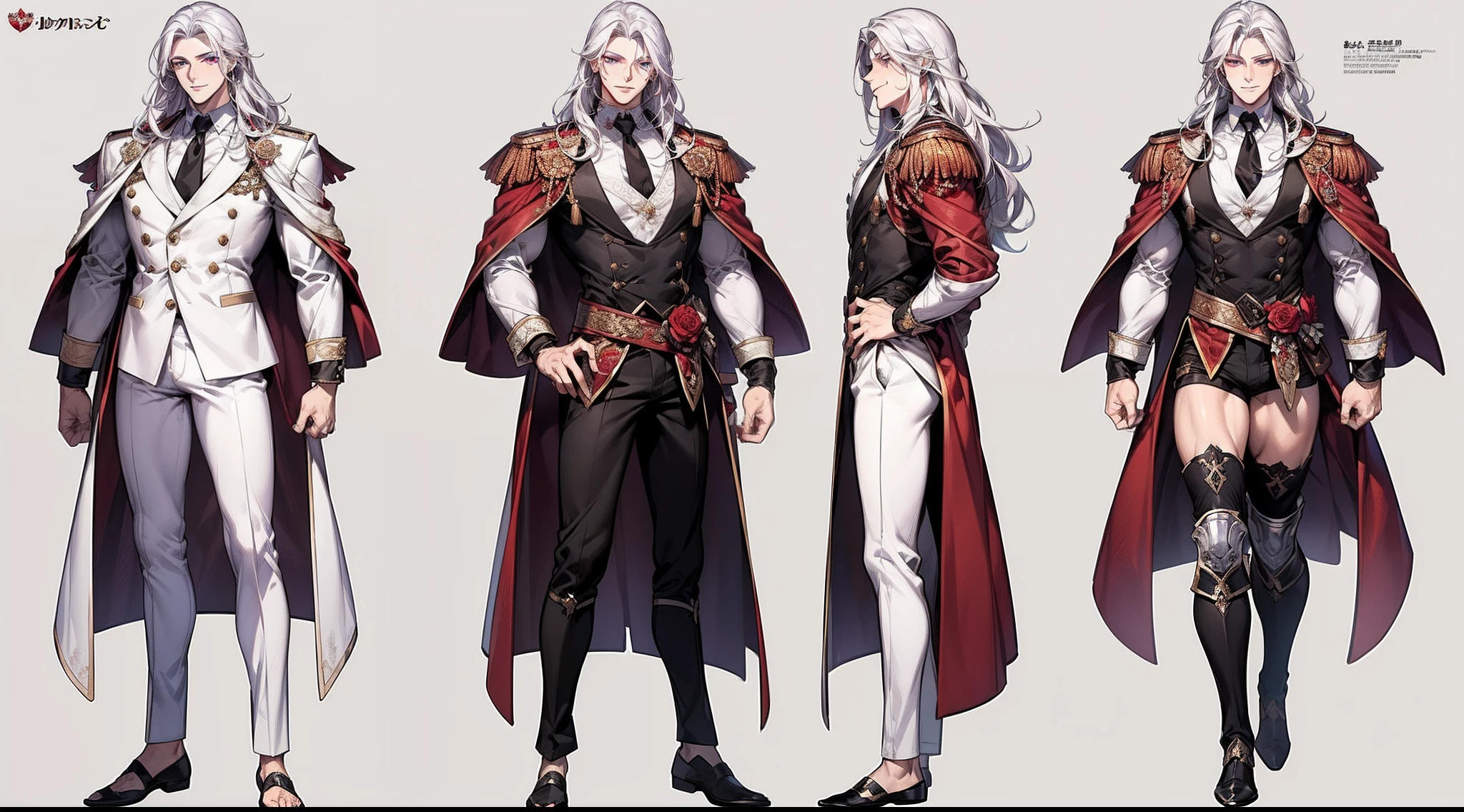 ((masterpiece)),(((best quality))),(character design sheet,same character,front,side,back), Reference sheet of a cute muscle boy, long white hair, purple eyes, smiling, handsome face, black commander outfit with short shorts, red rose as accessory, detailed face, detailed hair, (simple background, white background: 1.3)