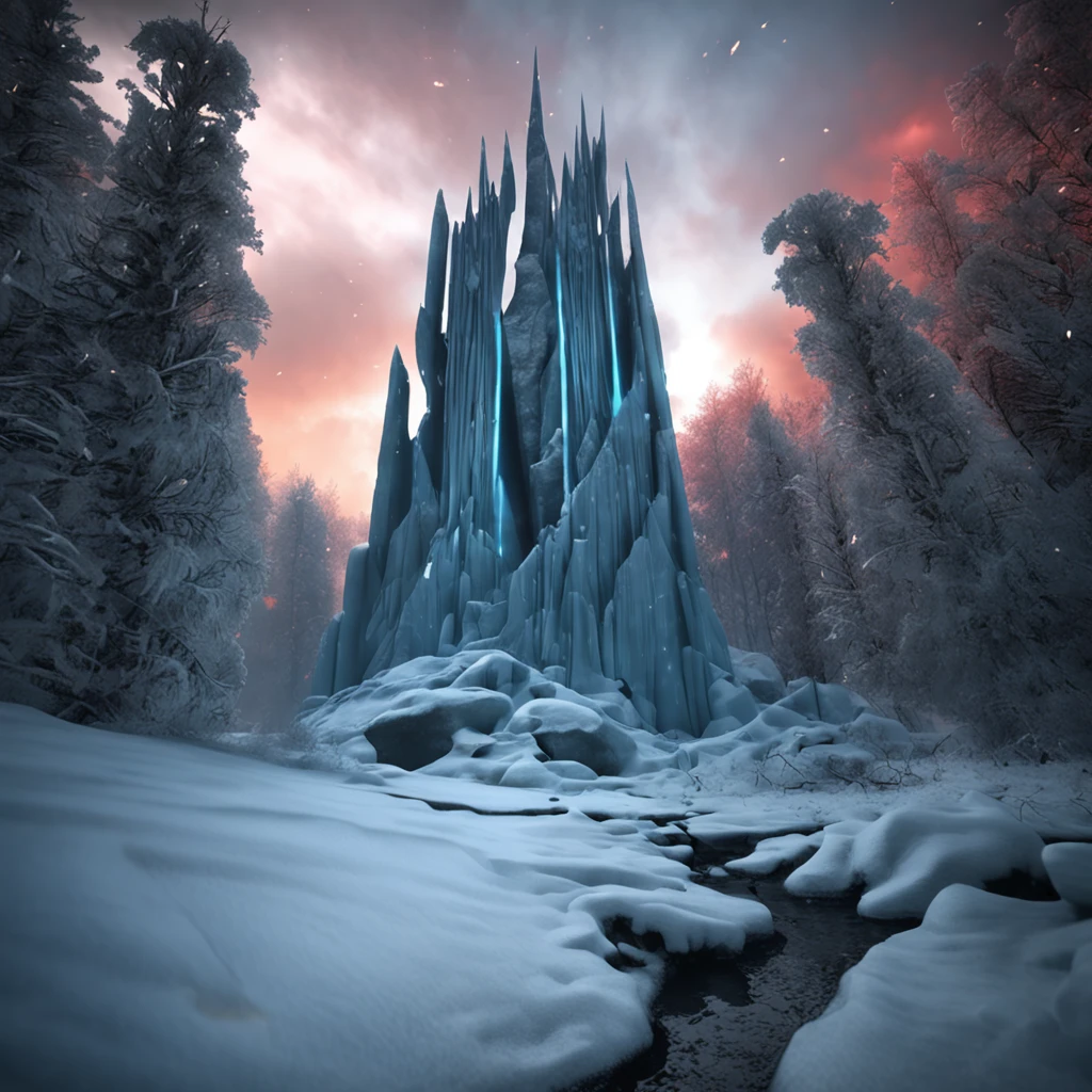 (distant view)Best quality, Masterpiece, 1 magnificent frost pillar at the boundary of the frost kingdom , snow land, high resolution, (photograph realistic:1.4), surrealism, Dream-like,fusionart, Shadowdancer, shadow magic, darkness control, stealth, shadowstep, umbral spells, hidden blade,