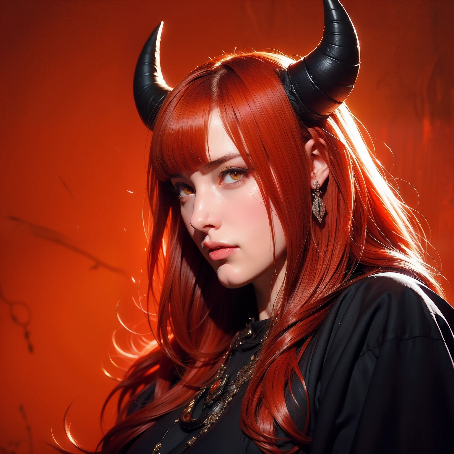 Woman, black horns, red hair, orange eyes, medieval background, devil