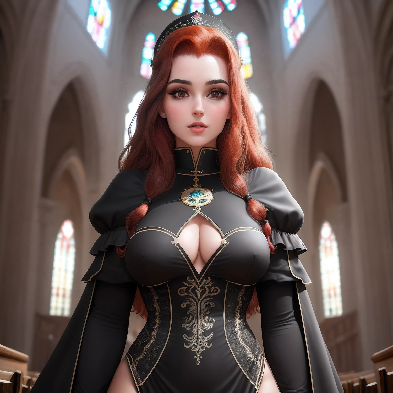 Freira, 8K, Muito bela, cabelo ondulado, cabelo ruivo, ruiva, olhos pretos totalmente preto, freira muito sexy, bunda grande, seios pequenos, alta, muito bonita, Ultra realistic traits in a church, gostosa, gotica, dark, gostosa, dominante, na igreja, Mao bonita super detalha, rosto muito bonito, olhos negros, Qualidade 8k, rosto detalhado