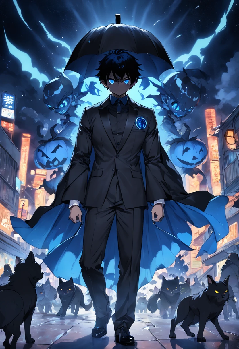 Um homem com um terno preto, usando uma gravata azul, his head and an all-black pumpkin, os olhos e boca da abobora brilham em azul, ao fundo temos uma lua cheia brilhando em azul, o homem demostra uma aura negra levemente azulada, o homem carrega uma foice negra com a lamina brilhando em azul