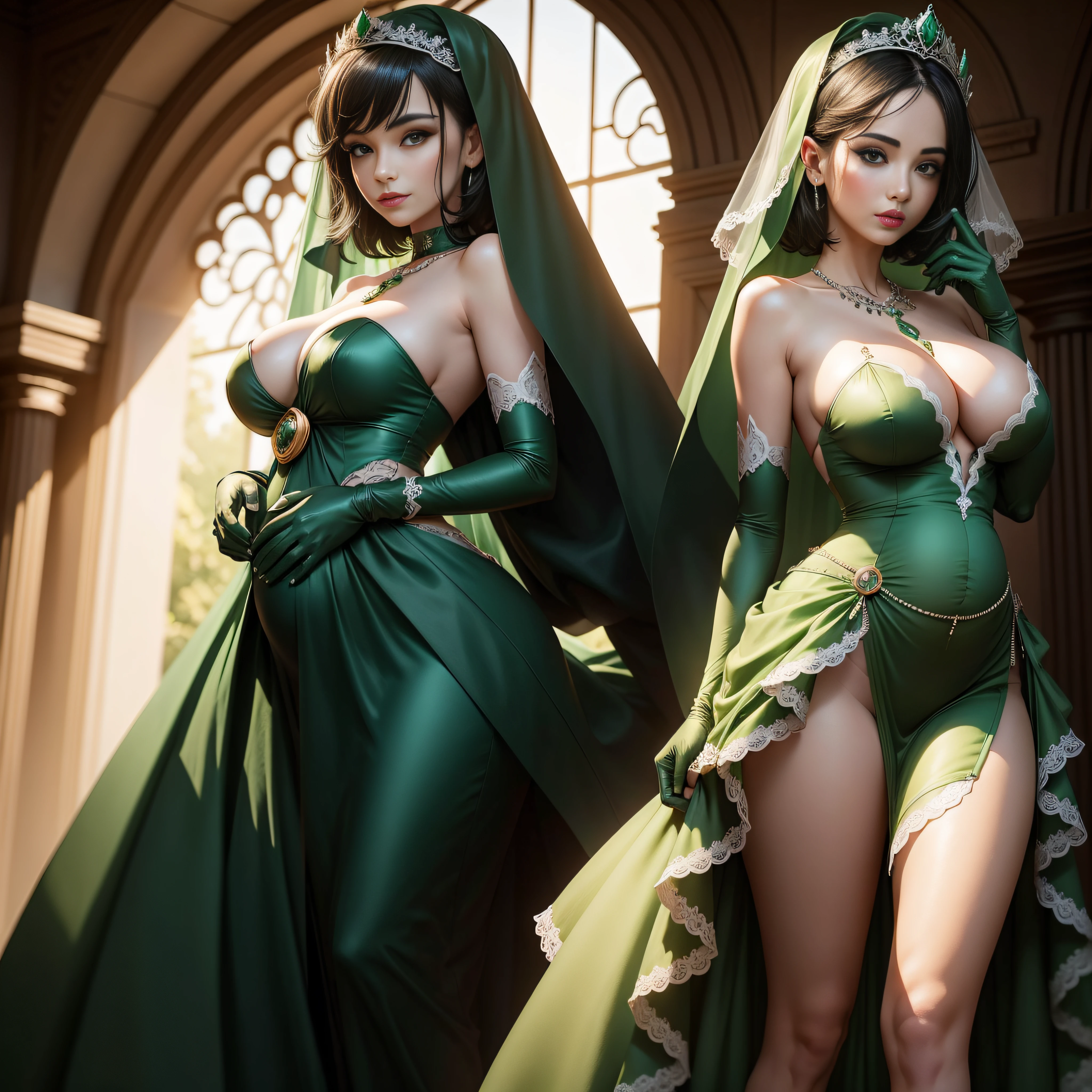 bride,Sense of atmosphere, best qualtiy,tmasterpiece,1girll,30-years old,Green dress,chies,full body Esbian, Green gloves,with short black hair,,big breasts beautiful,looking at viewert,ssmile,Green Bridal Veil,Green Long Grove,Satin green long gloves, lipsticks, Green Pearl Necklace, Green short hair, Pregnancy, The tattoo