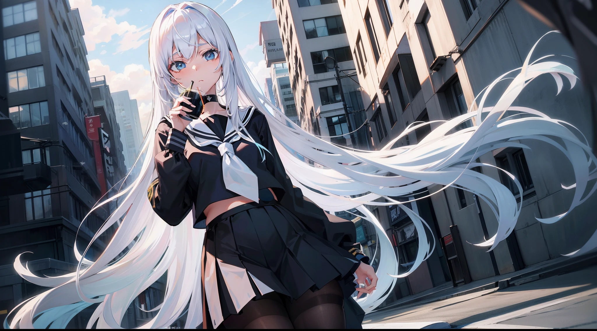 Long white hair, blue color eyes, Black pleated skirt,Inside was a white sailor suit,Wearing black pantyhose, Plump body, An anime character, Only one person,Drinking brown drinks on the street