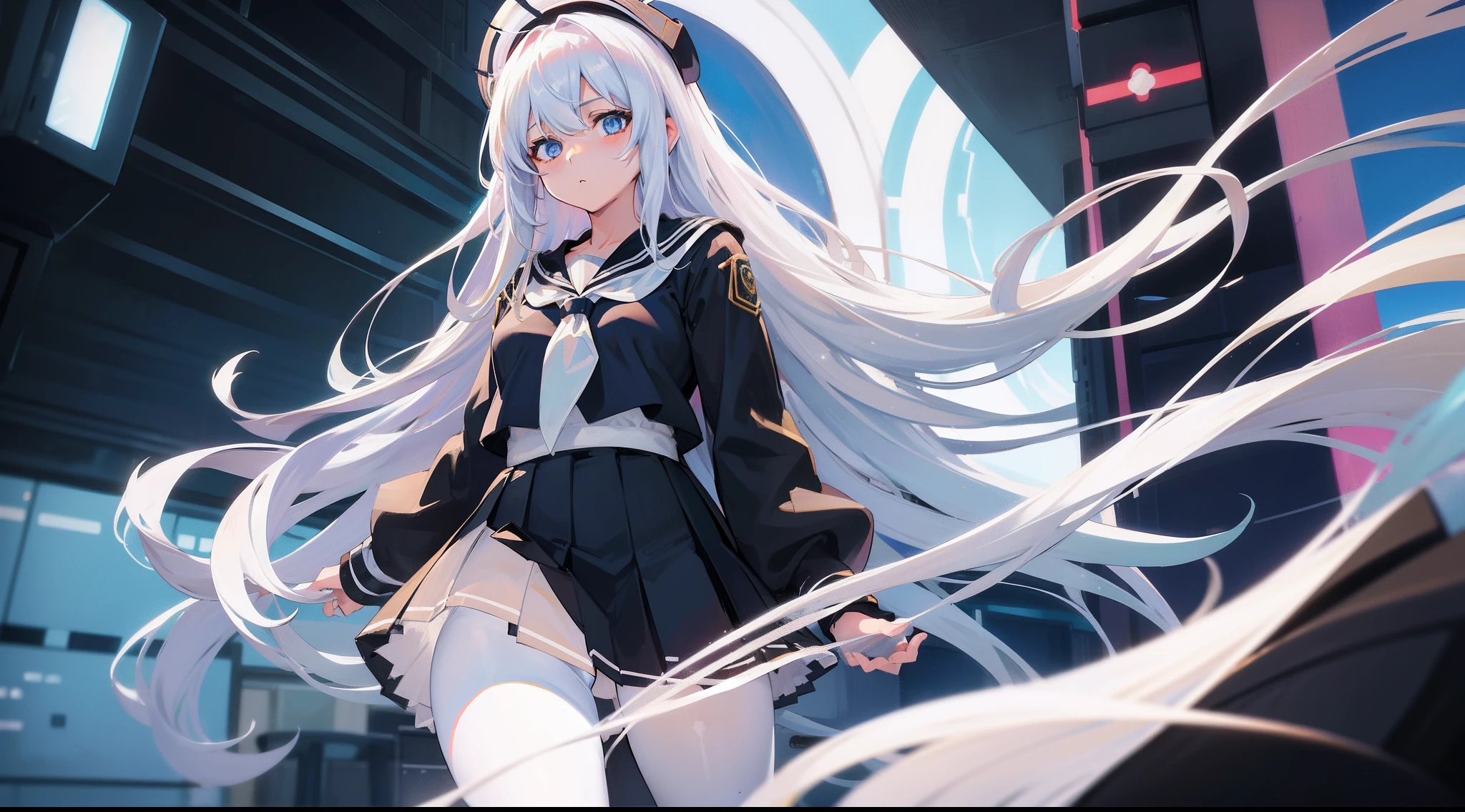 Best picture quality, high resolution, clear image, 1 female, long white hair, princess cut hairstyle, black Japanese school uniform jacket, white shirt, yellow tie, gray and white striped/checkered miniskirt (Japanese longbow on the back), perfect body , thin buttocks, narrow waist, plump body --auto --s2
