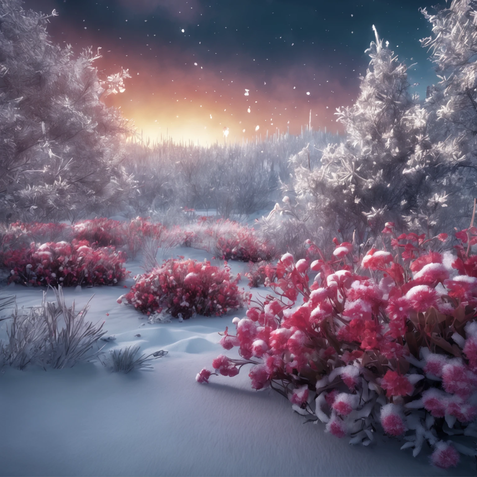 Best quality, Masterpiece, flower garden in the snow land, only one daisy survived in the harsh winter, high resolution, (photograph realistic:1.4), surrealism, Dream-like,fusionart, Shadowdancer, shadow magic, darkness control, stealth, shadowstep, umbral spells, hidden blade,