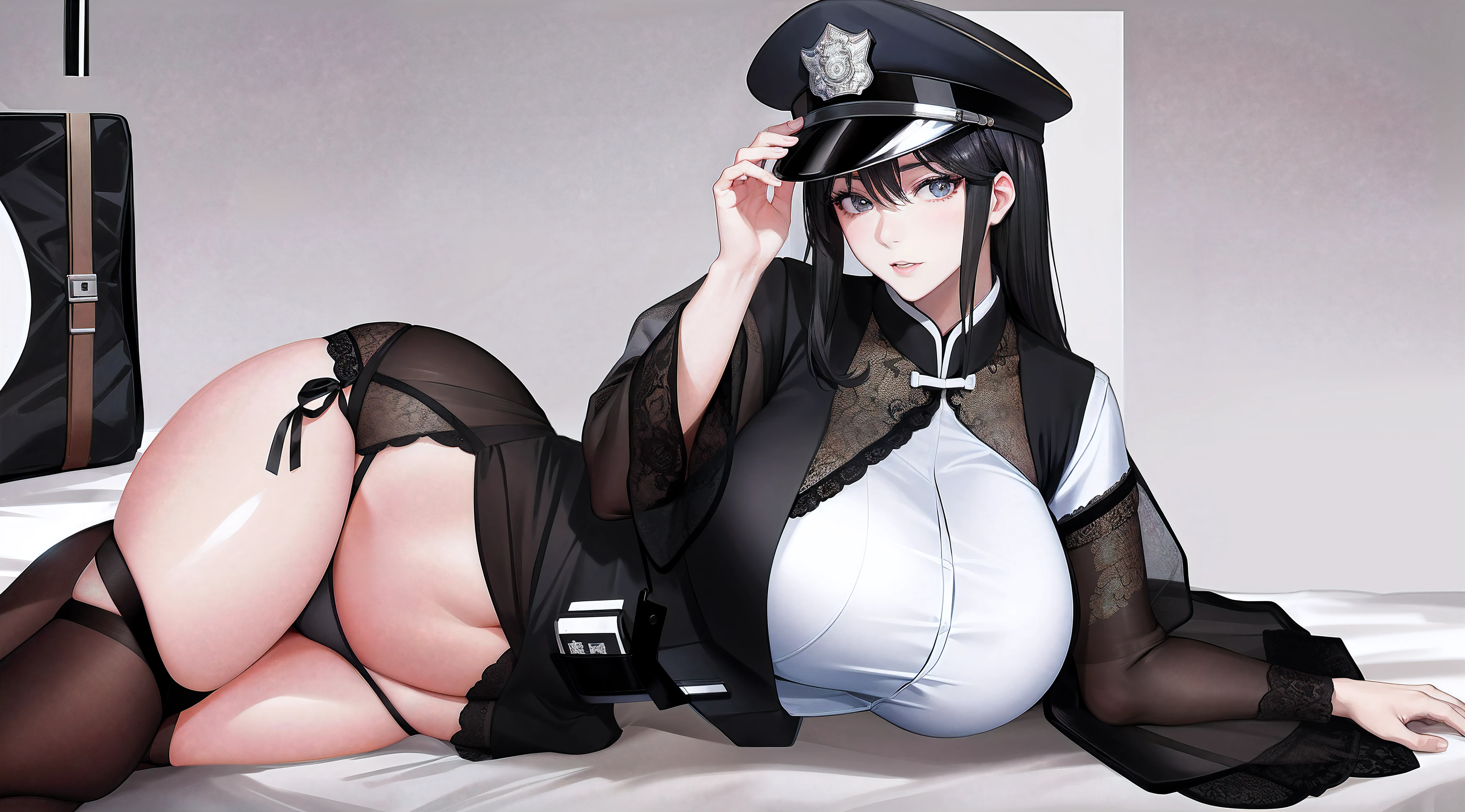 harem,  Anime characters in Japanese sexy policewoman uniform lying on bed, lesbian, Fine details.The uniform has black lace trim, Black lace panties，Exposing the skin of the entire thigh，Wearing black lace garters，Black stockings on the calf，officer, Seductive anime big sister,milf,A high resolution, [ 4 K digital art ]!!, large tall，High-quality fanart, Japanese policewoman hat,mature,Medium hair, attractive feminine curves