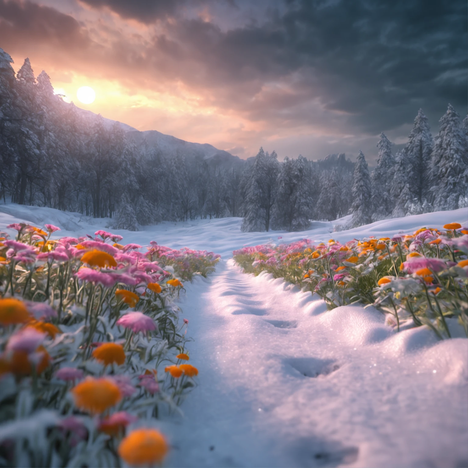 Best quality, Masterpiece, flower garden in the snow land, only one daisy survived in the harsh winter, high resolution, (photograph realistic:1.4), surrealism, Dream-like,fusionart, Shadowdancer, shadow magic, darkness control, stealth, shadowstep, umbral spells, hidden blade,