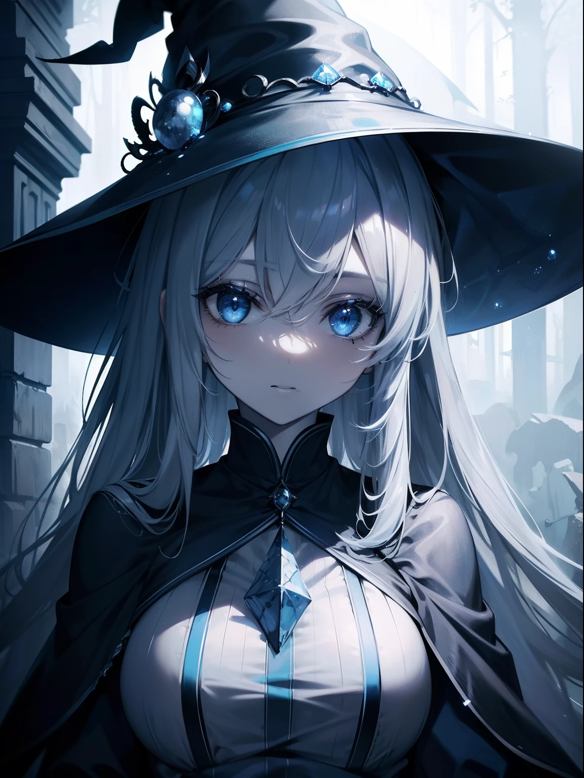 (Masterpiece, Best quality, ultra-high resolution),1girl,witch outfit,witch hat,light blue clothes, beautiful and detailed face, detailed eyes,on a mist-shrouded moor,fog,((gray and blue theme)),