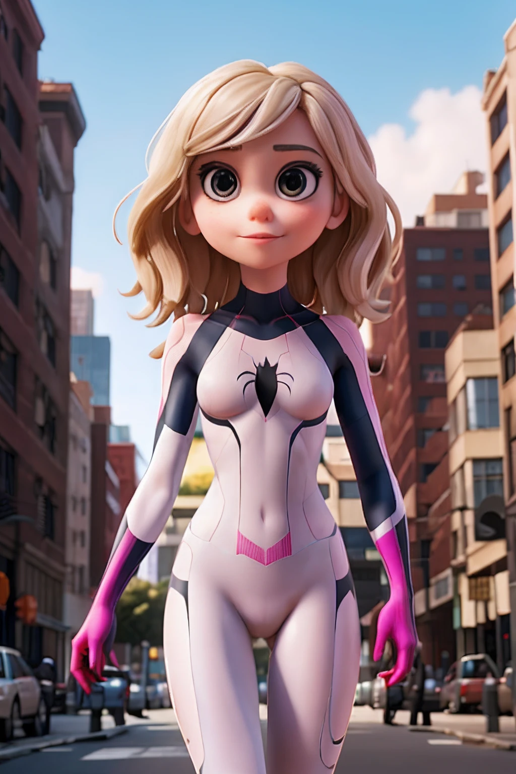 a girl,in the city,Close -up,big eyes,Spider Gwen,Spider suit,adhesive suit,fat