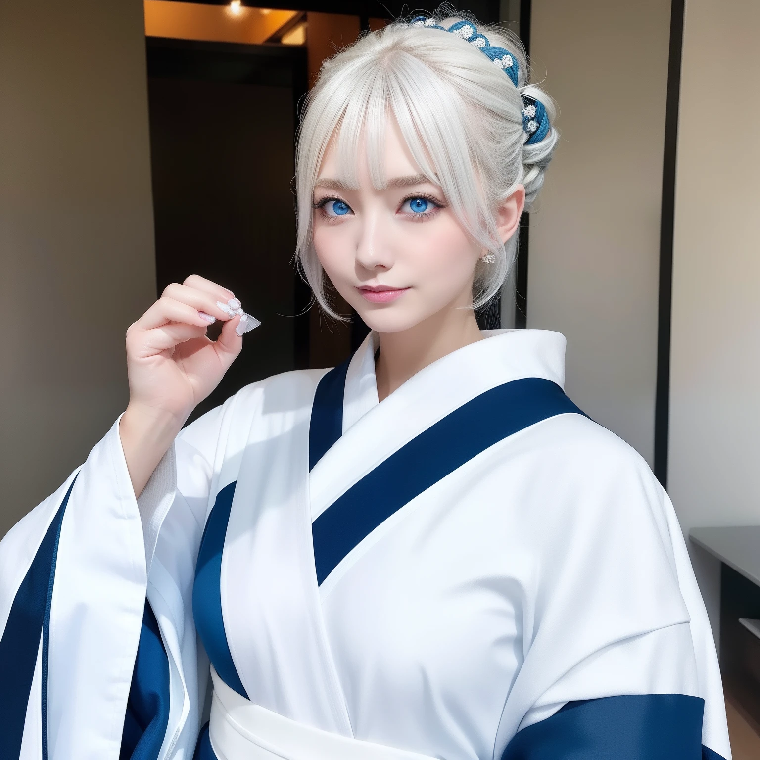 Big breast, slim waist, blue eyes, (detailed eyes), white hair, kimono, (highest quality), no extra fingers