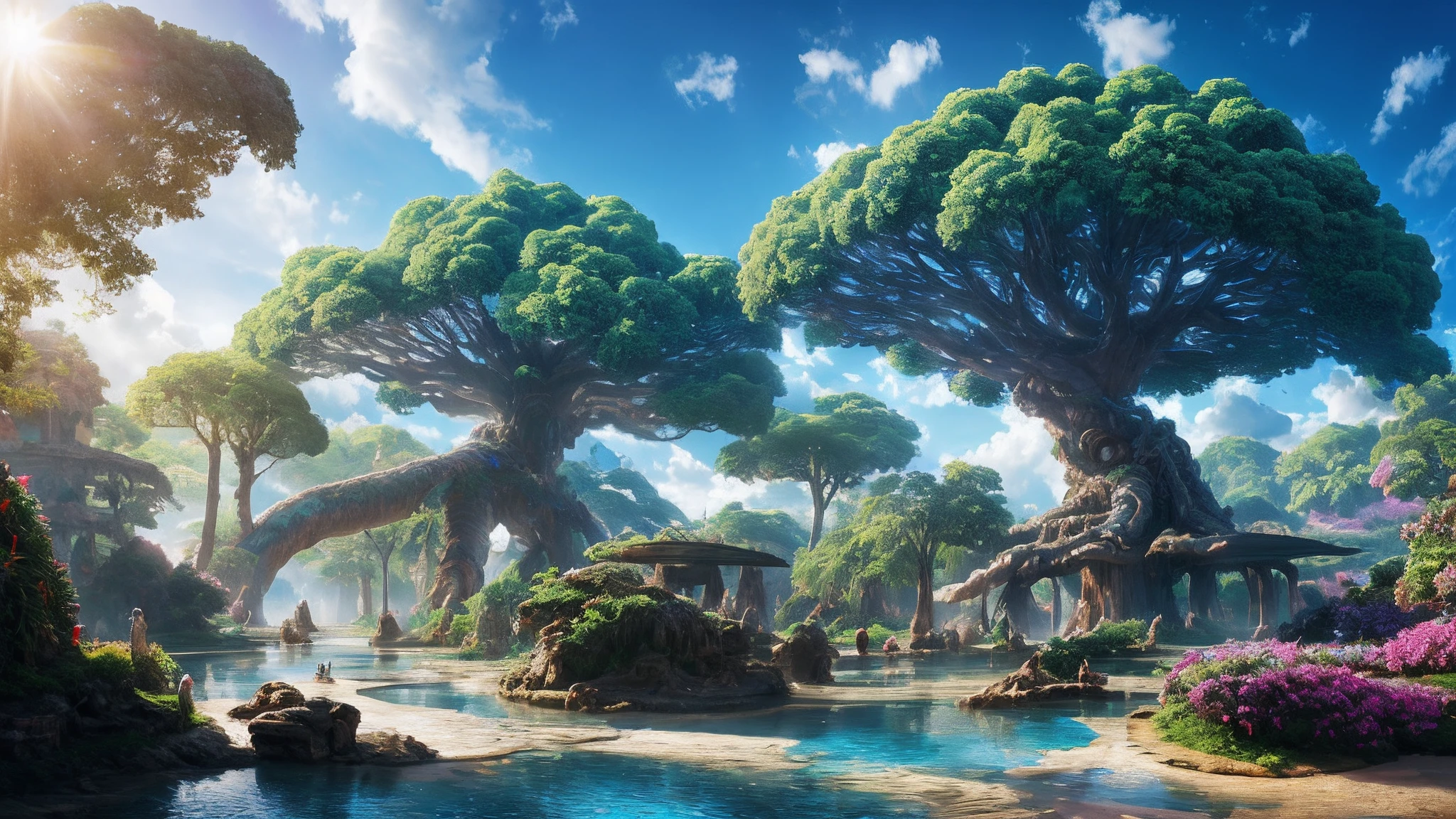 masterpiece, best quality, high quality, extremely detailed CG unity 8k wallpaper, a hyperrealistic colossal cyan raintree, in a futuristic prehistoric village, splashing water, sandy debris, lens flares, sunshaft, fluffy clouds, Hyperdetailed, HDR, bloom, Photorealistic, hyperdetailed