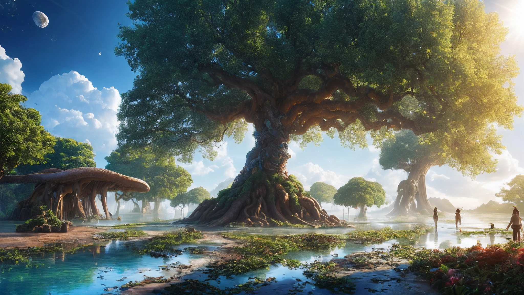 masterpiece, best quality, high quality, extremely detailed CG unity 8k wallpaper, a hyperrealistic colossal cyan raintree, in a futuristic prehistoric village, splashing water, sandy debris, lens flares, sunshaft, fluffy clouds, Hyperdetailed, HDR, bloom, Photorealistic, hyperdetailed