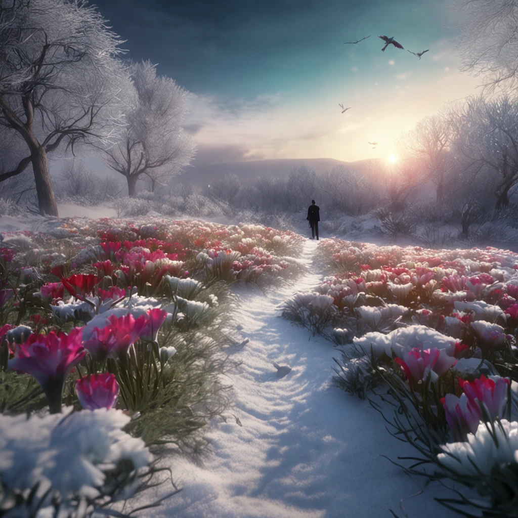 Best quality, Masterpiece, a male nourishing the flower garden in the snow land, only one daisy survived in the harsh winter, high resolution, (photograph realistic:1.4), surrealism, Dream-like,fusionart, Shadowdancer, shadow magic, darkness control, stealth, shadowstep, umbral spells, hidden blade,