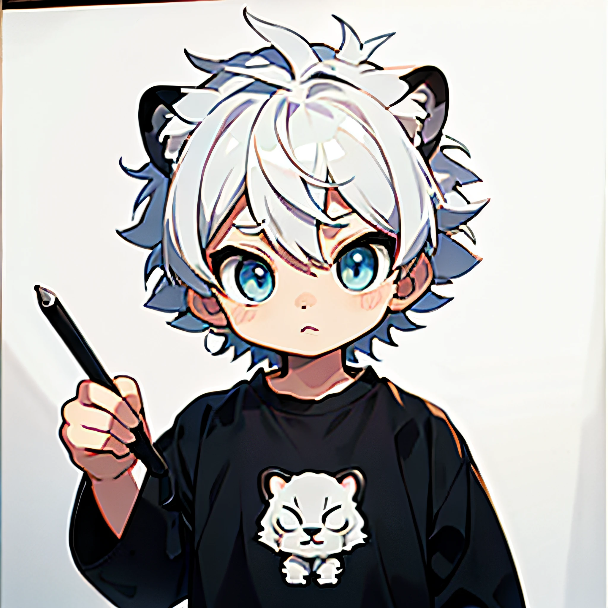 Masterpiece, Best quality, 1 baby boy, Tiny, Sticker,minimal background, Upper body, Anime style, Cartoon character whiteboard corner，White tiger，Boy，Black and white hair