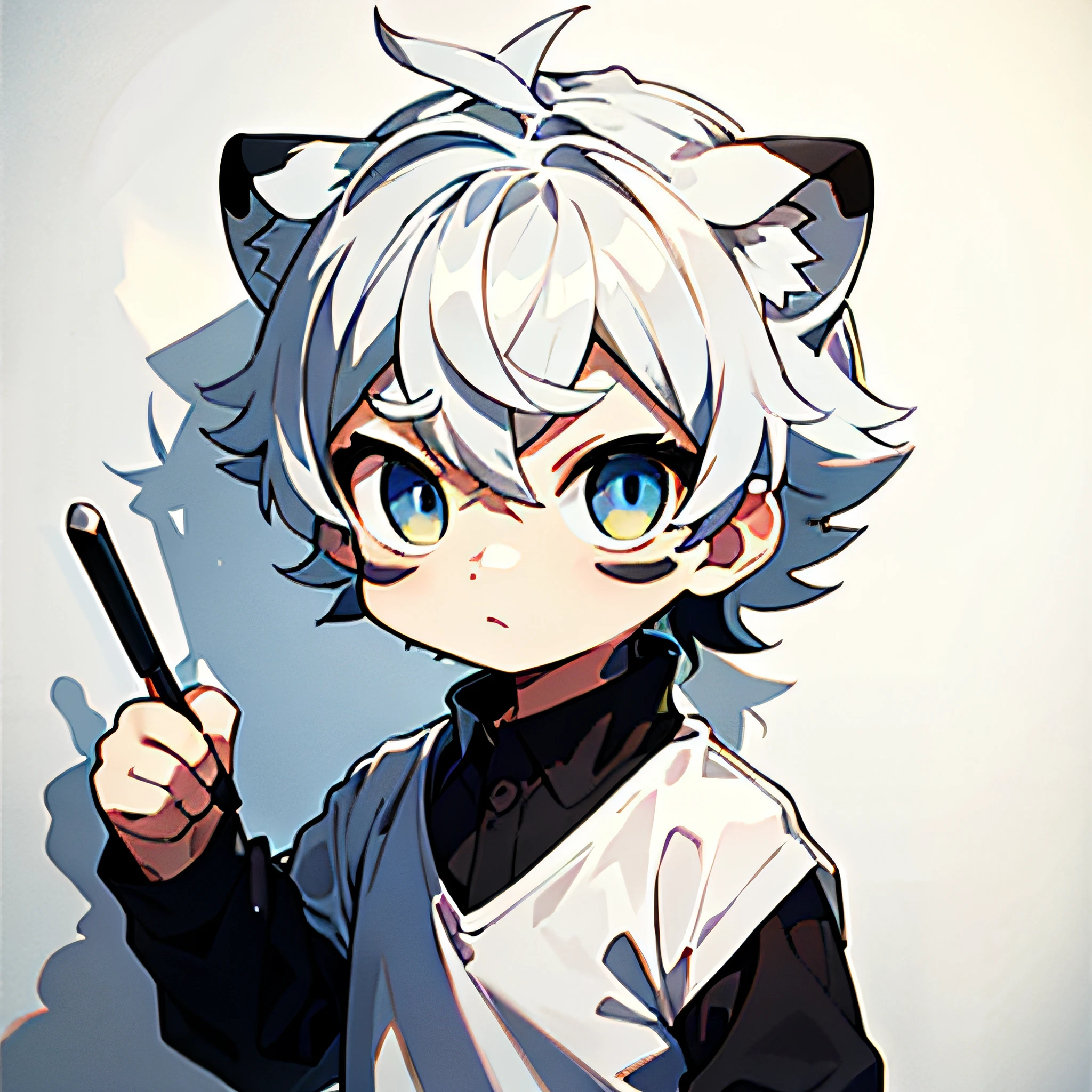 Masterpiece, Best quality, 1 baby boy, Tiny, Sticker,minimal background, Upper body, Anime style, Cartoon character whiteboard corner，White tiger，Boy，Black and white hair