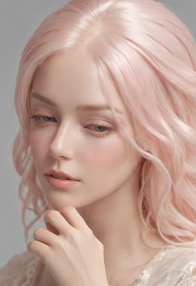 A breathtakingly beautiful 3D hyperrealistic woman with light pink hair, her hand gracefully hovering near her face, creating a work of art.
