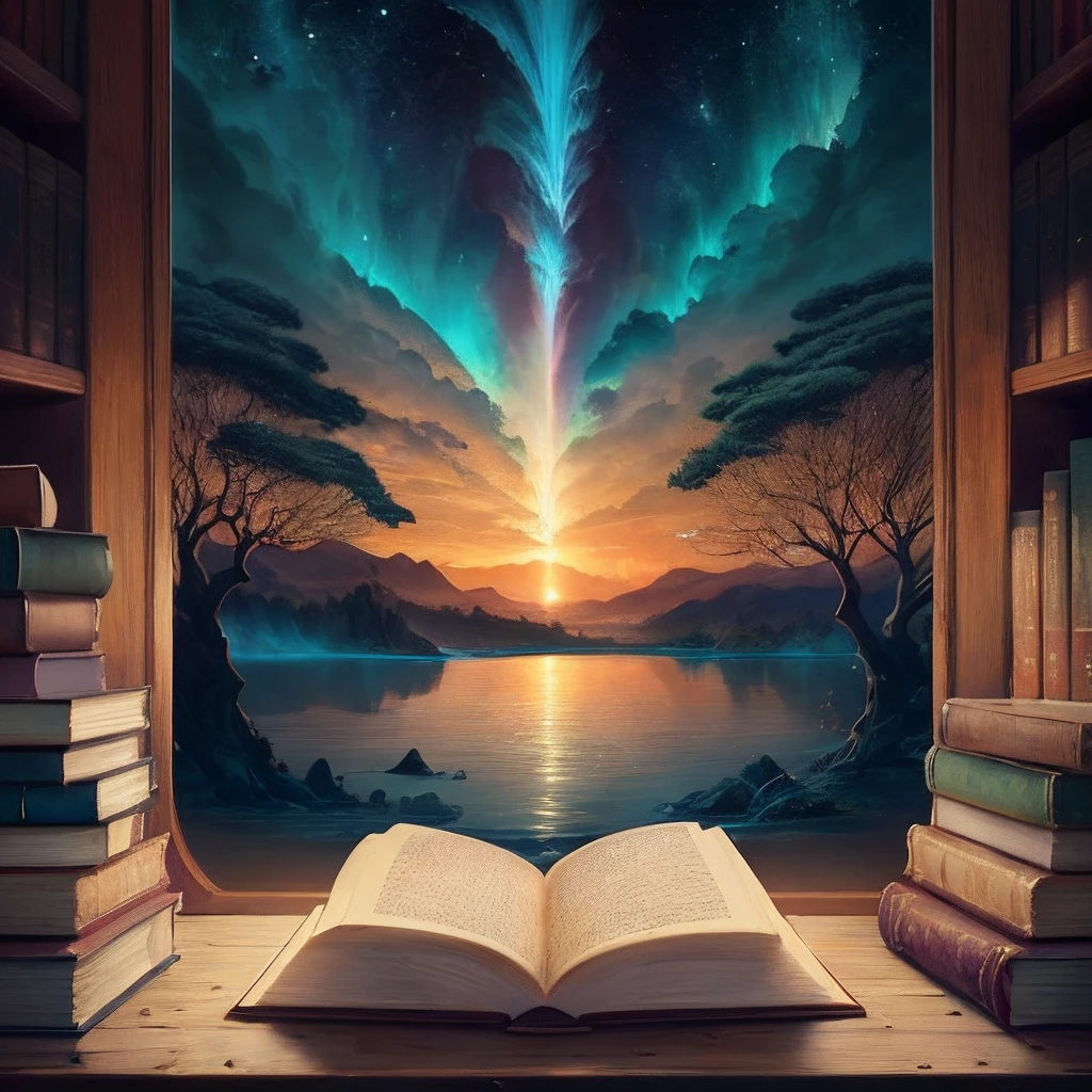 About book and Library. Please generate an imaginative image depicting a floating world in the sky, where ancient and wise books hover in the air, surrounded by an aura of knowledge and profound wisdom. Envision a celestial landscape with floating libraries, trees made of scrolls, and waterfalls of golden ink. Magical beings crafted from letters and words dance softly among the pages, while rays of literary light illuminate the horizon. Create a scene that captures the feeling of exploring realms of understanding through reading, where each page turned is a journey into the unknown.