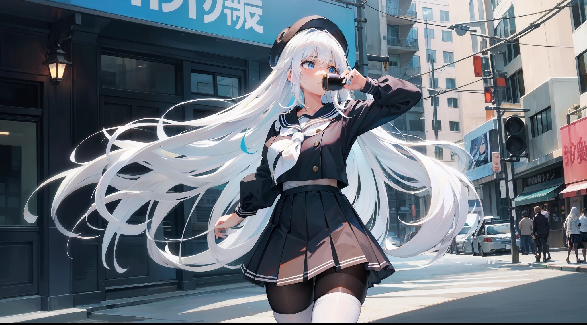 Long white hair, blue color eyes, Black pleated skirt，Inside was a white sailor suit，Wearing black pantyhose, Plump body, An anime character, Only one person，Drinking brown drinks on the street