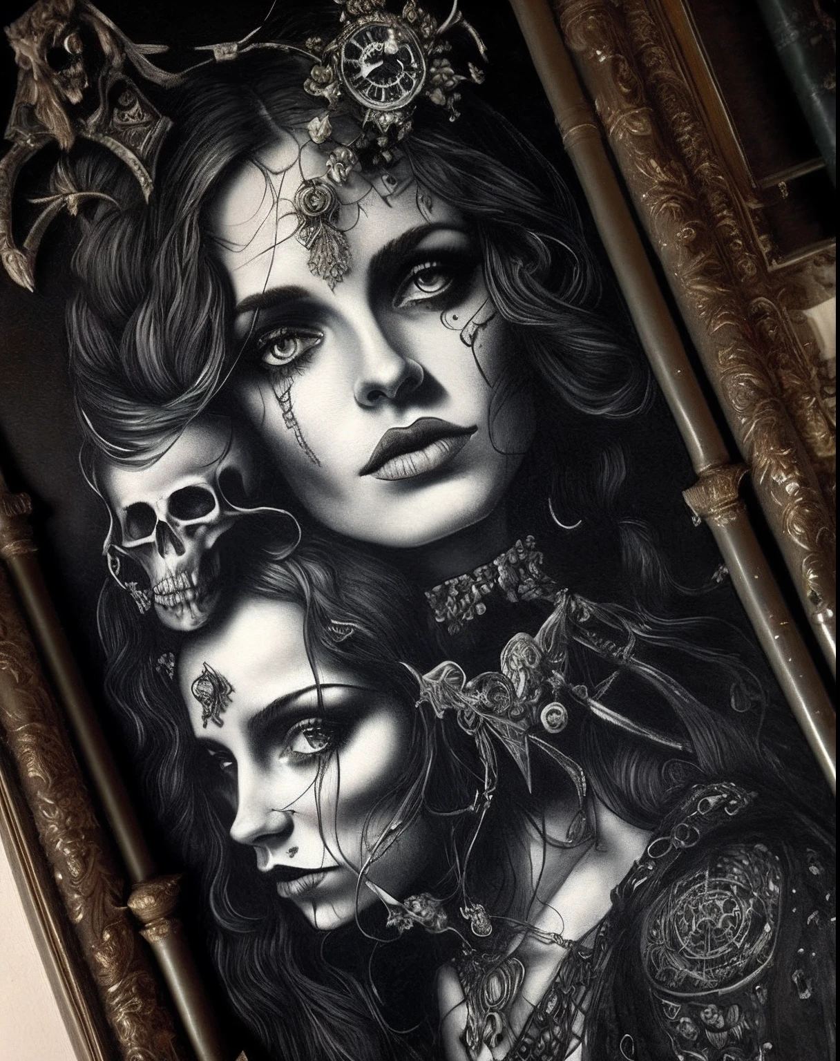 a drawing of a woman with a skull and a clock on her head, arte a tinta, mulher extremamente detalhada, elaborate ink illustration, mulher detalhada, desenho a tinta intrincado, arte escura altamente detalhada, black and white ink ', design de retrato intrincado, deusa. Detalhes extremamente altos, retrato intrincado, Illustration of intricate and bold paint, retrato de fantasia fosco detalhado, tinta preta e branca, gothic art style
