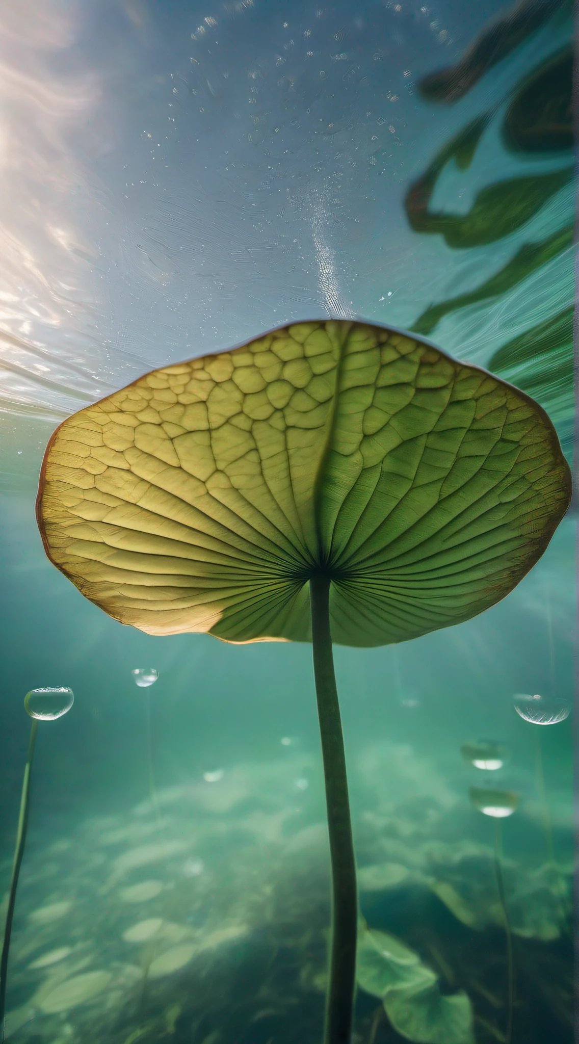 (A massive lotus leaf floats on the surface of the water), seen from below at an upward angle. The leaf is in focus, with bubbles around it, providing a soothing and calming scene. The high-definition photography captures every detail, bringing the scene to life with 8K resolution.