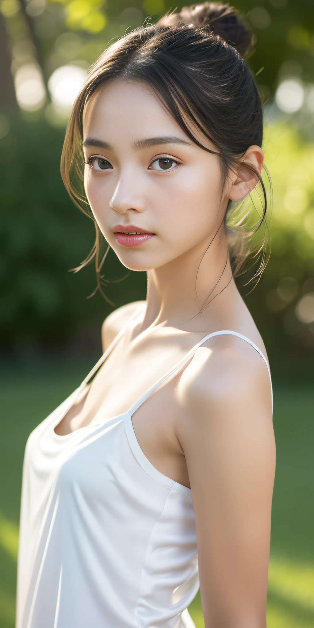 neat, petite, (long white silk camisole, white panties), outside the athletic field, (slim, small, flat, small), photorealistic, detail, skin texture, ultra detail, delicate sexy collarbone, super detailed face, detailed lips, detailed eyes, double eyelids, girl