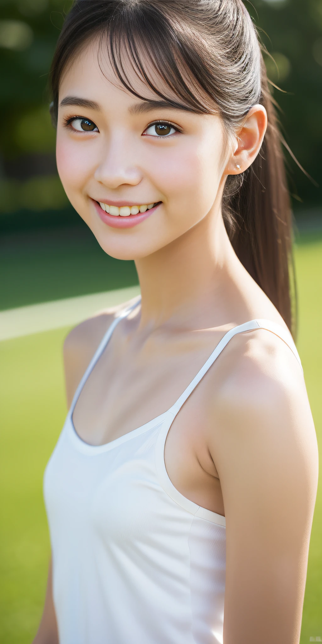 Neat college girl, petite person, (long white silk camisole, white panties), outside the athletic field, (slim, small, flat, small), photorealistic, detail, skin texture, ultra detail, delicate sexy collarbone, smile, super detailed face, detailed lips, detailed eyes, double eyelids, 10 year old girl