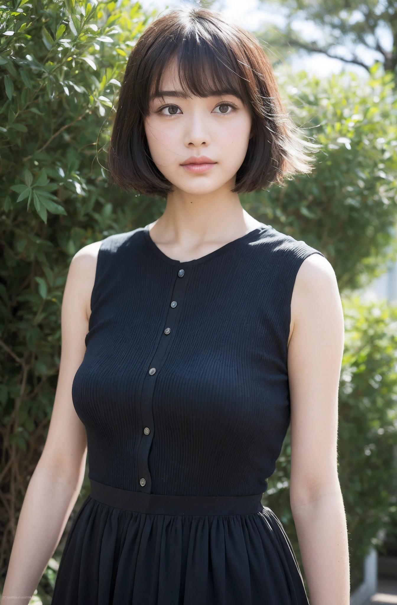 8K、top-quality、​masterpiece、超A high resolution、photo-like、SLR、beautiful japanese female、Elegance、There is a good、Gentle face、Melancholy look、Beauty of the wind、Moist beauty、short-cut、Keep your bangs neat and tidy、Looking down，From below、The eyes are far away、Transparent atmosphere、Beautiful face、Raised corners of the mouth、drooing eyes、Tanuki face、wrist watch、a necklace、A bracelet、Gradient lighting、Tie up long bangs neatly、girl with、Delicate skin、Look into the distance、Brown-eyed、up chest、the shape of the chest is clear,,,,,,,,,,、very very gigantic boobs、breasts are large、Raw photography、pureerosface、Front button、High waist dresses、white  clothes、Sleeveless、no sleeves、Sleeveless blouse、sleeve less、tight fitted、white  clothes、、Sexy clothes、Sheer feeling、Take your eyes off、subject、Lean、Look here、Ass big、big butts、In front of the music hall、morning sunlight、The morning sun is dazzling、Angle from below、look from down、big butts、backs、Seductive hip line、Carry a large stringed instrument case on your back、big headphone、Carrying a trumpet case on your back、