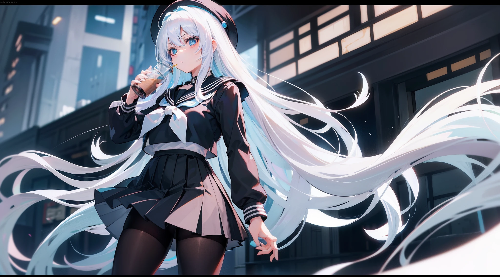 Long white hair, blue color eyes, Black pleated skirt,Inside was a white sailor suit,Wearing black pantyhose, Plump body, An anime character, Only one person,Drinking brown drinks on the street