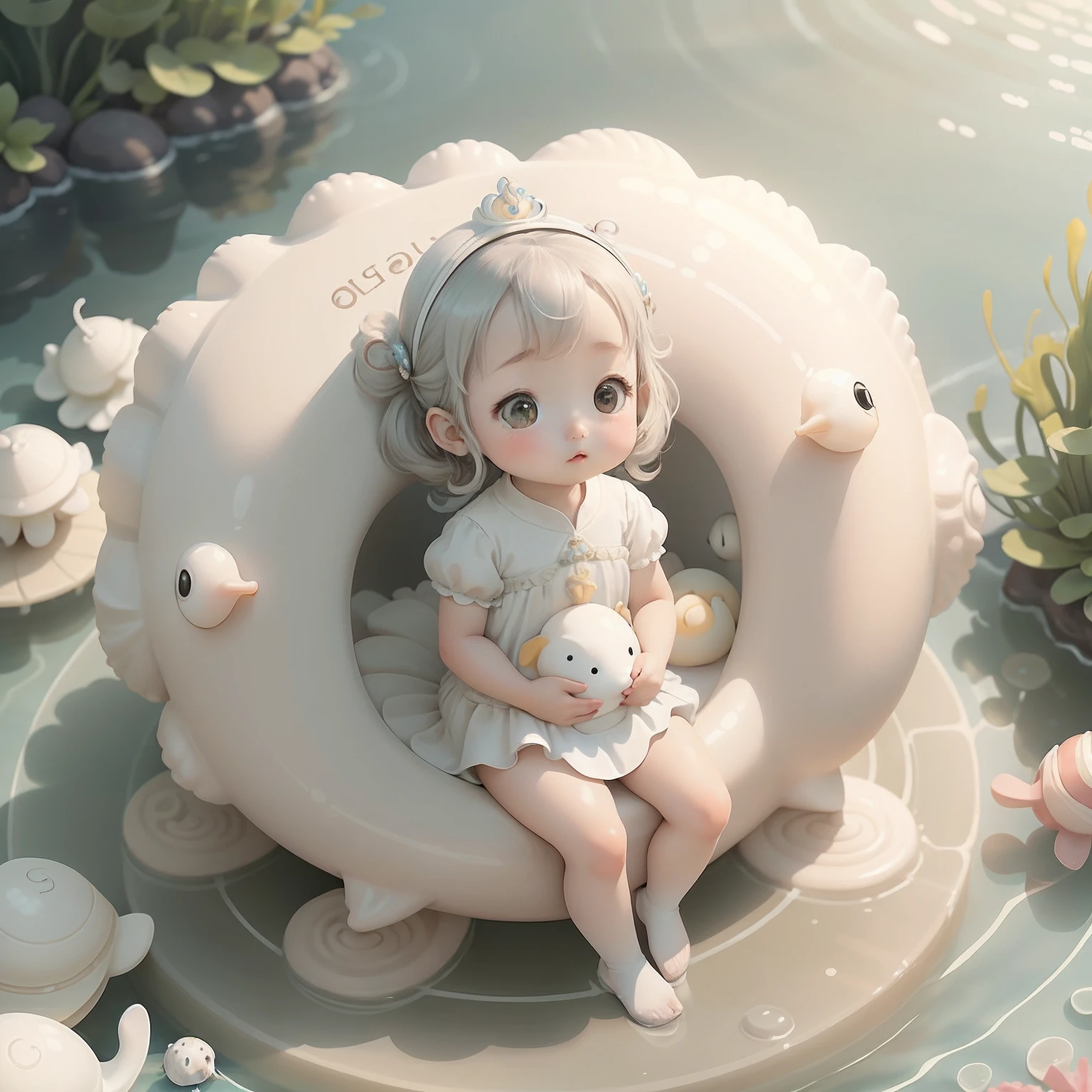 (Extremely cute and delicate CG illustration, Ultra-detailed and ultra-high-quality),A cute mermaid girl sitting on a white jade snail,Schools of fish surround,Chinese baby girl,Underwater world background,1girll,