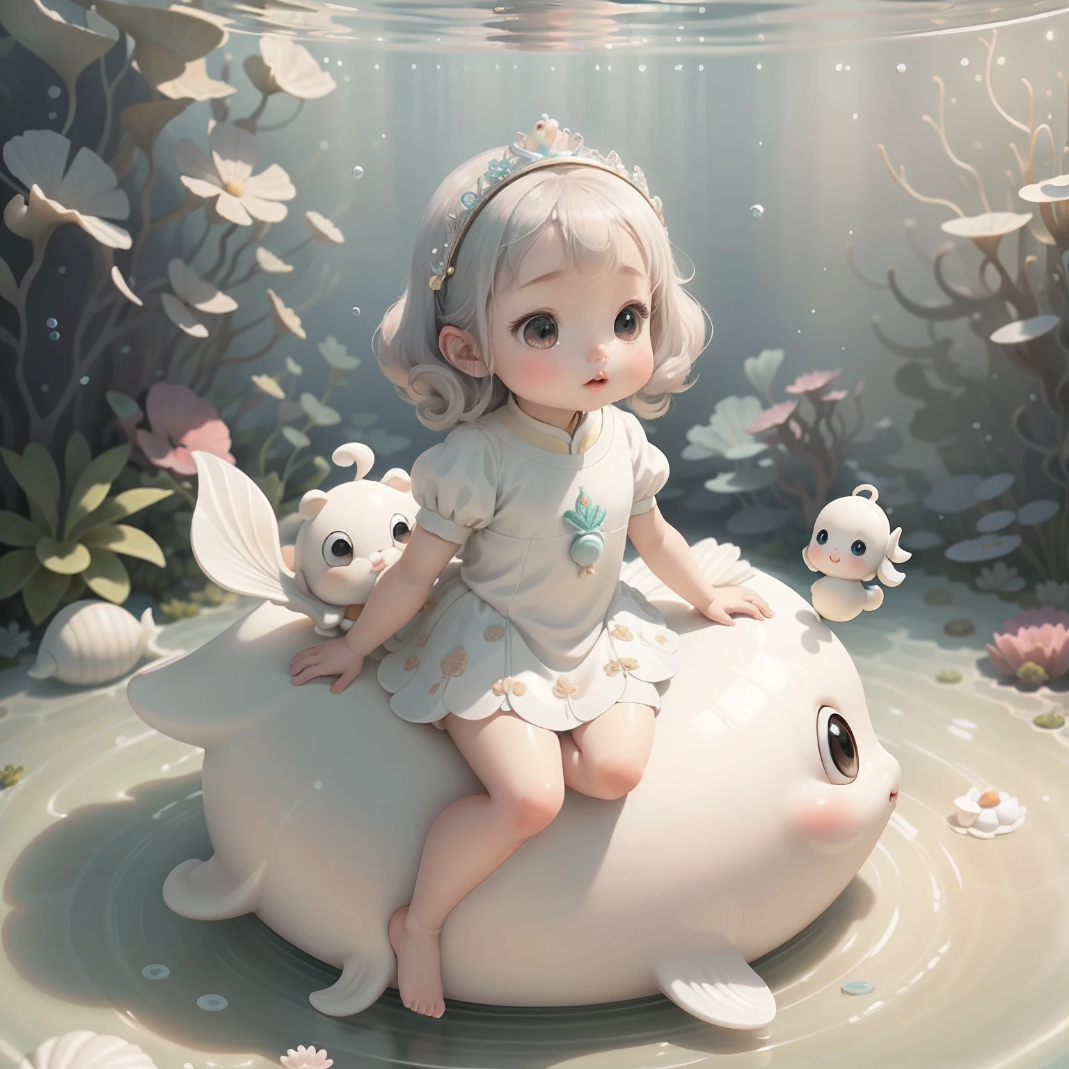 (Extremely cute and delicate CG illustration, Ultra-detailed and ultra-high-quality),A cute mermaid girl sitting on a white jade snail,Schools of fish surround,Chinese baby girl,Underwater world background,1girll,