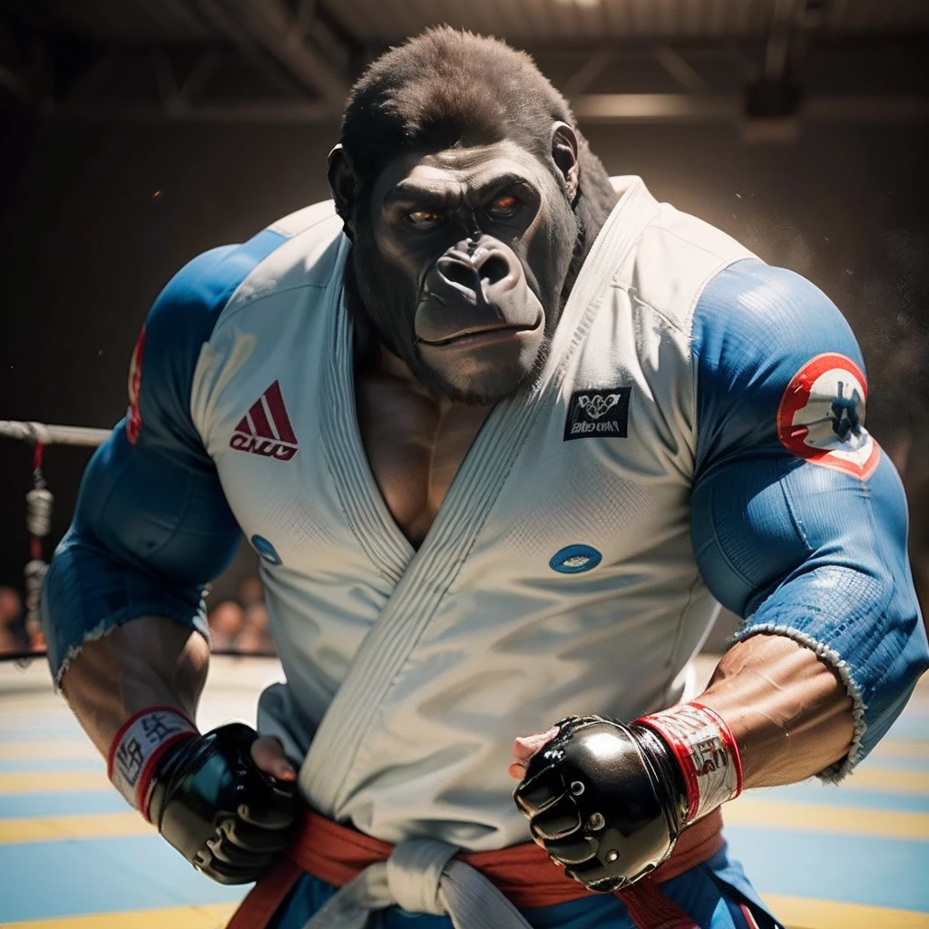 very muscular gorilla, jiu jitsu fighter with blue kimono, arms crossed, standing on a mat, detailed textures photorealistic highly detailed adobe lightroom, hdr --auto --s2