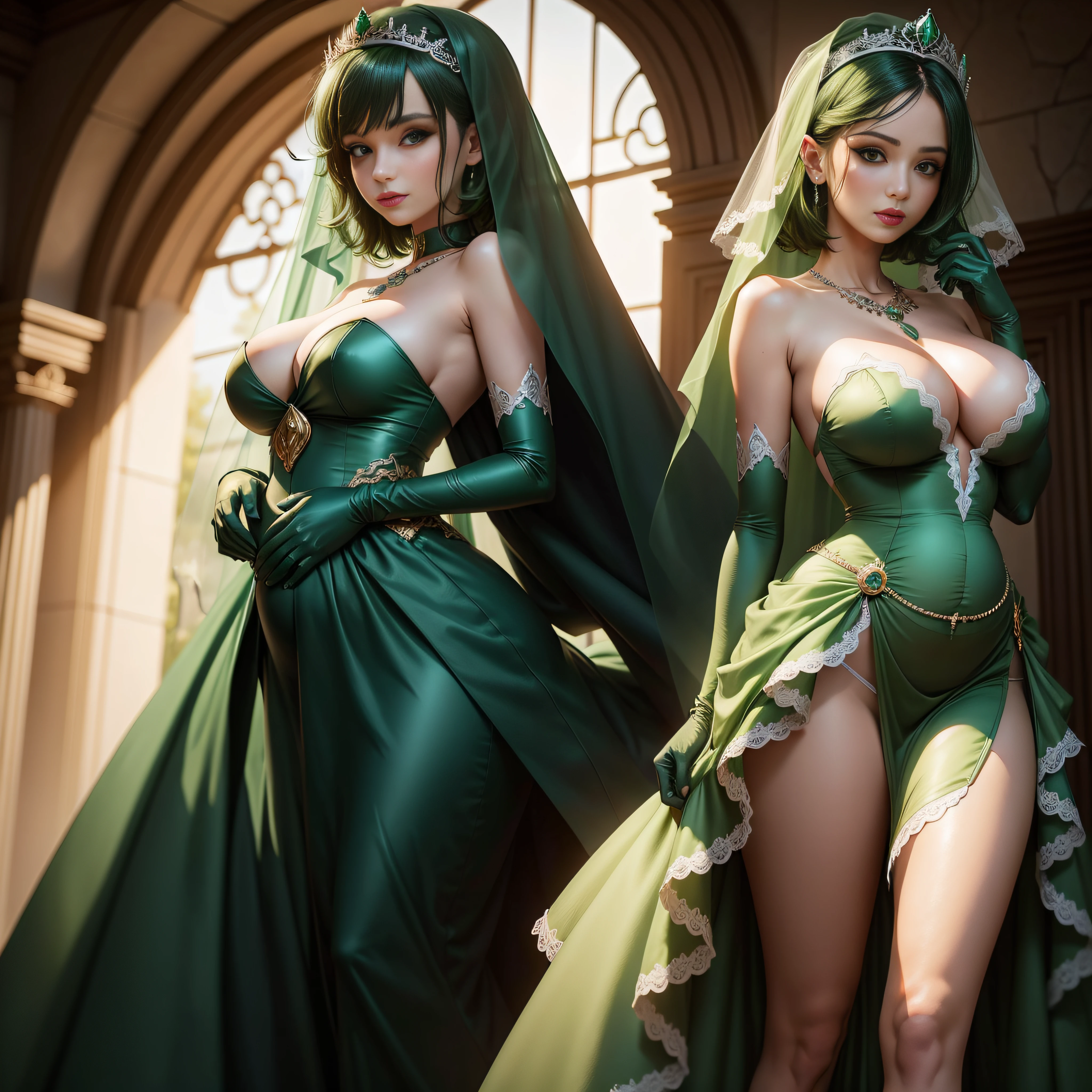bride,Sense of atmosphere, best qualtiy,tmasterpiece,1girll,30-years old,Green dress,chies,full body Esbian, Green gloves,With short green hair,big breasts beautiful,looking at viewert,ssmile,Green Bridal Veil,Green Long Grove,Satin green long gloves, lipsticks, Green Pearl Necklace, Green short hair, Pregnancy
