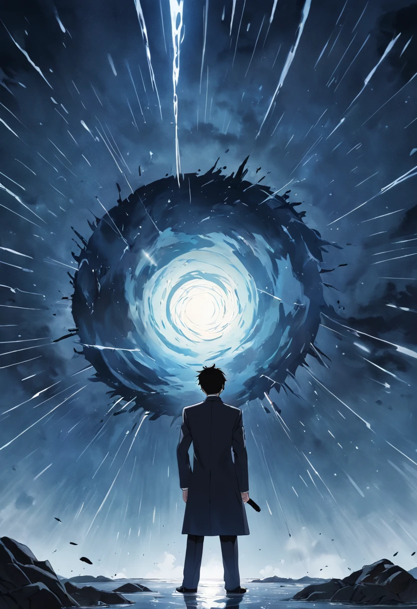 A man in a suit having his head replaced by a black hole, his event horizon and all white;. O homem esta de protegendo da chuva com um garda-chuva.