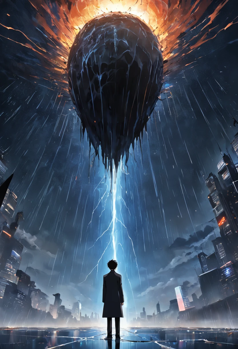 A man in a suit having his head replaced by a black hole, his event horizon and all white;. O homem esta de protegendo da chuva com um garda-chuva.