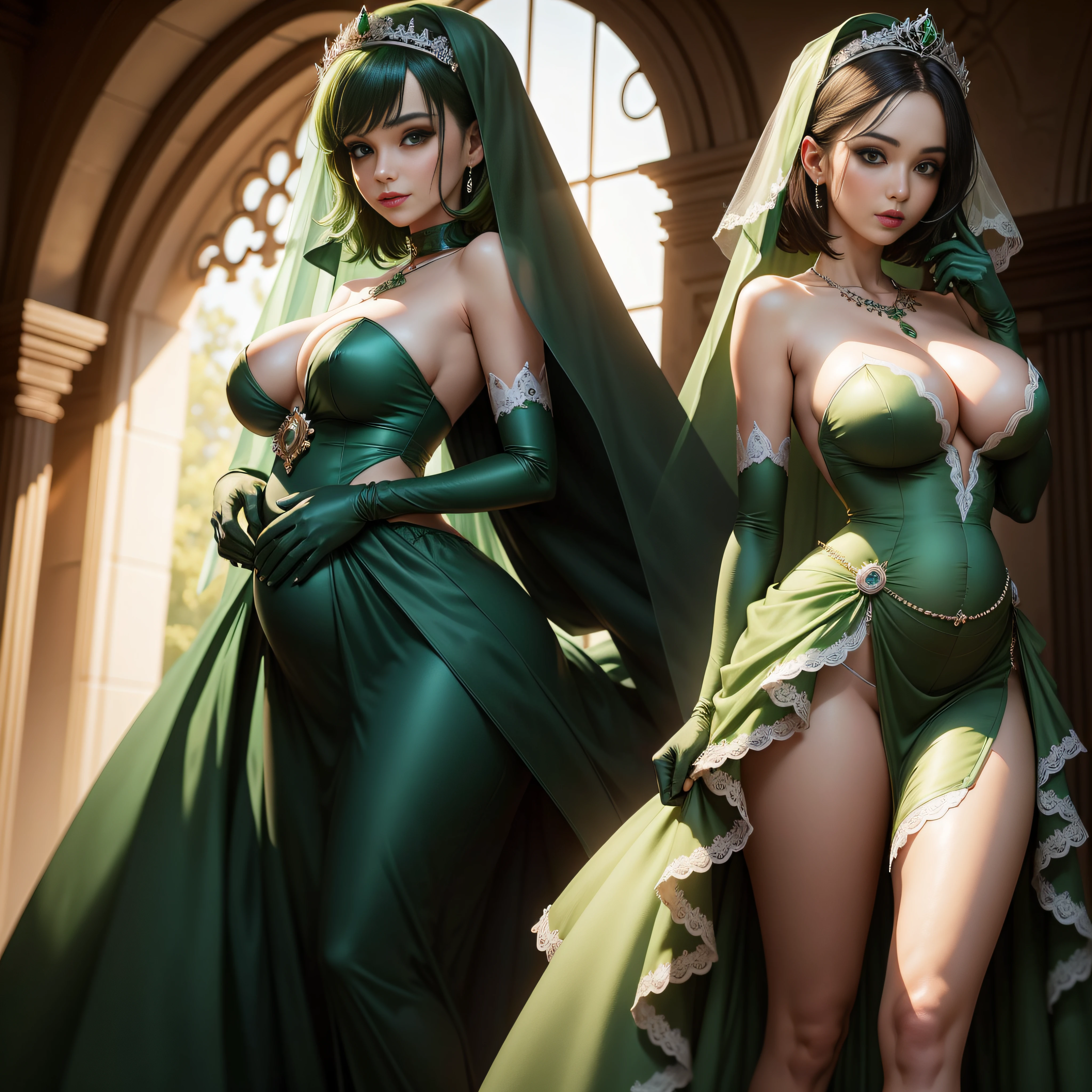 bride,Sense of atmosphere, best qualtiy,tmasterpiece,1girll,30-years old,Green dress,chies,full body Esbian, Green gloves,With short green hair,big breasts beautiful,looking at viewert,ssmile,Green Bridal Veil,Green Long Grove,Satin green long gloves, lipsticks, Green Pearl Necklace, Green short hair, Pregnancy