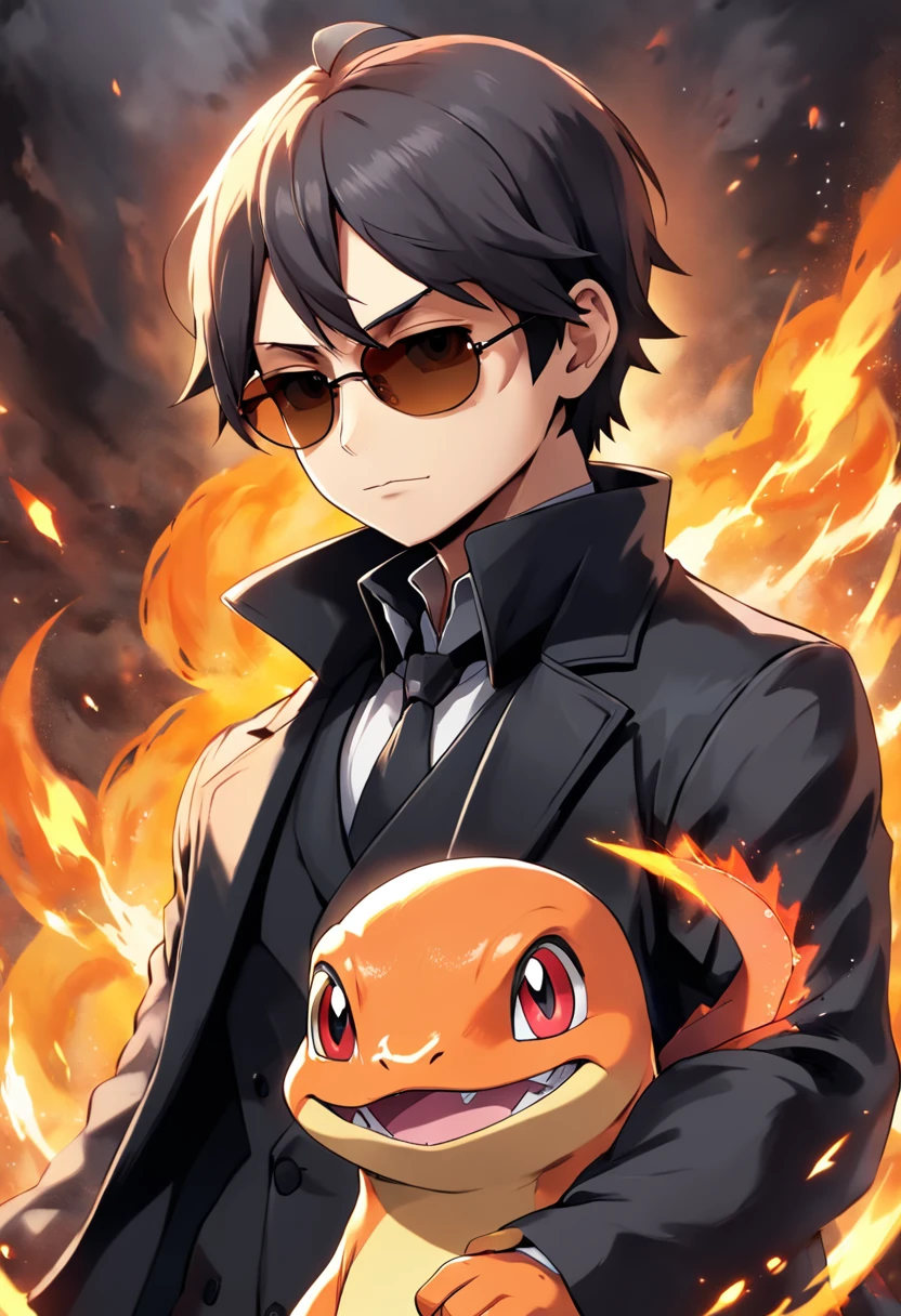 "a detailed artwork of Pokémon Charmander wearing a black overcoat and sunglasses on his face with a serious expression, Pokémon, 4k, 8k, Full HD, corpo inteiro, Pokémon art style, estilo de desenho hiper-realista, arte de anime limpa e detalhada, Dynamic background."