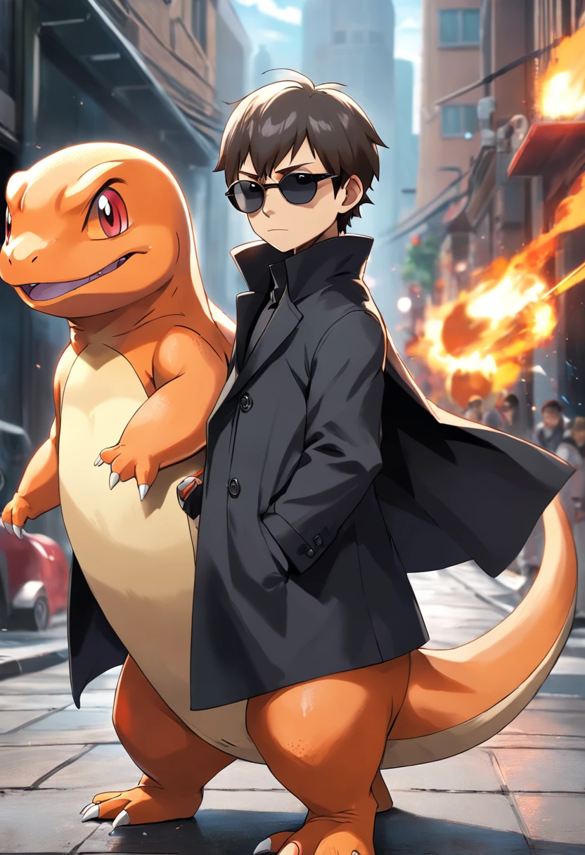 "a detailed artwork of Pokémon Charmander wearing a black overcoat and sunglasses on his face with a serious expression, Pokémon, 4k, 8k, Full HD, corpo inteiro, Pokémon art style, estilo de desenho hiper-realista, arte de anime limpa e detalhada, Dynamic background."