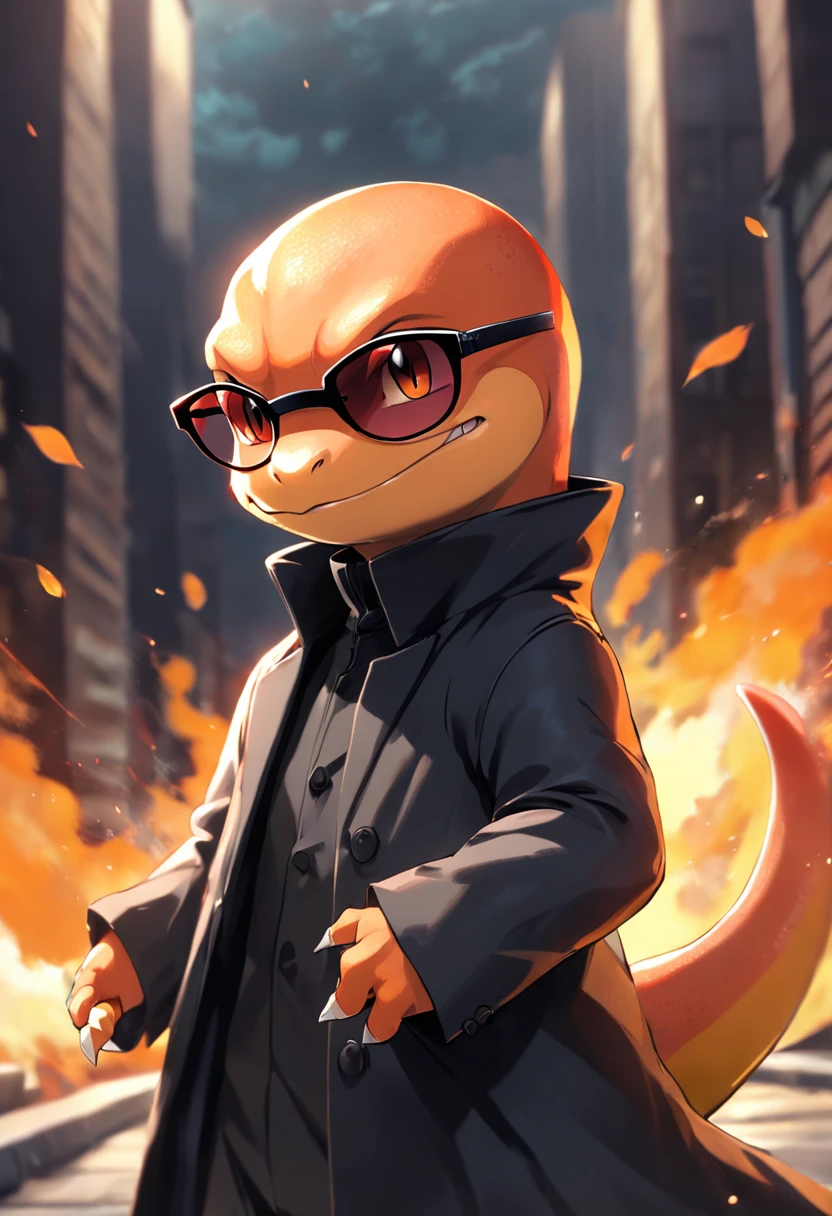 "a detailed artwork of Pokémon Charmander wearing a black overcoat and sunglasses on his face with a serious expression, Pokémon, 4k, 8k, Full HD, corpo inteiro, Pokémon art style, estilo de desenho hiper-realista, arte de anime limpa e detalhada, Dynamic background."