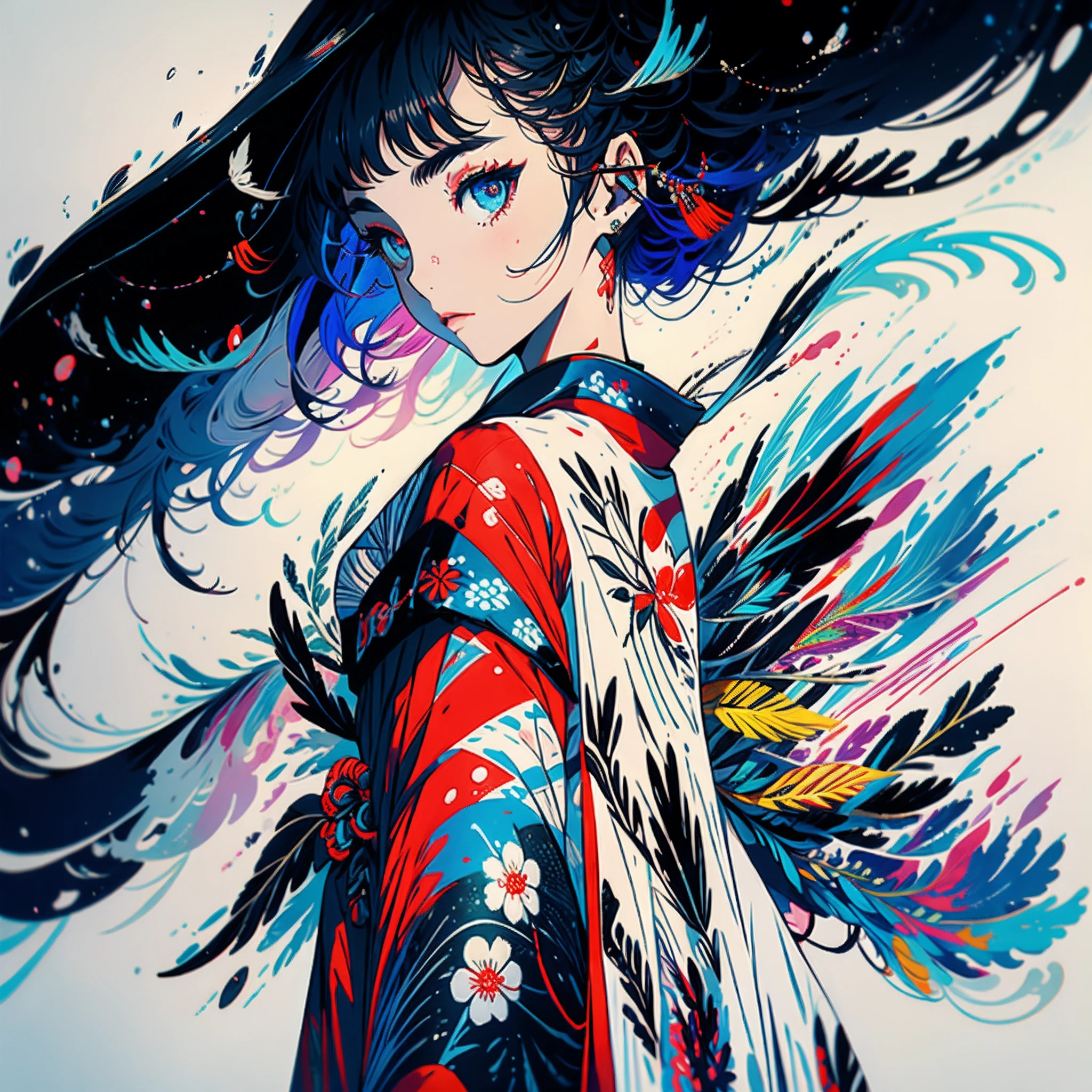 "1 girl in a modern printed traditional kimono."