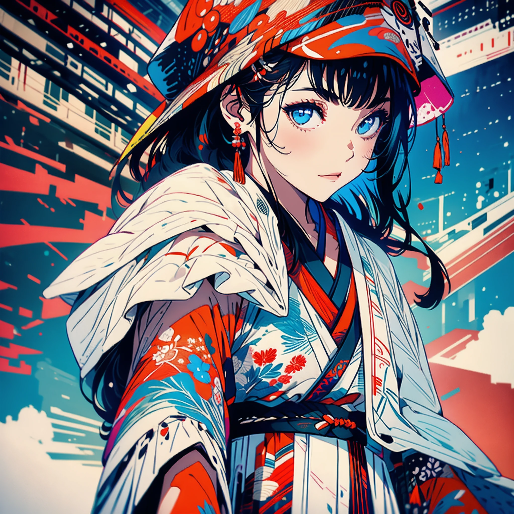 "1 girl in a modern printed traditional kimono."