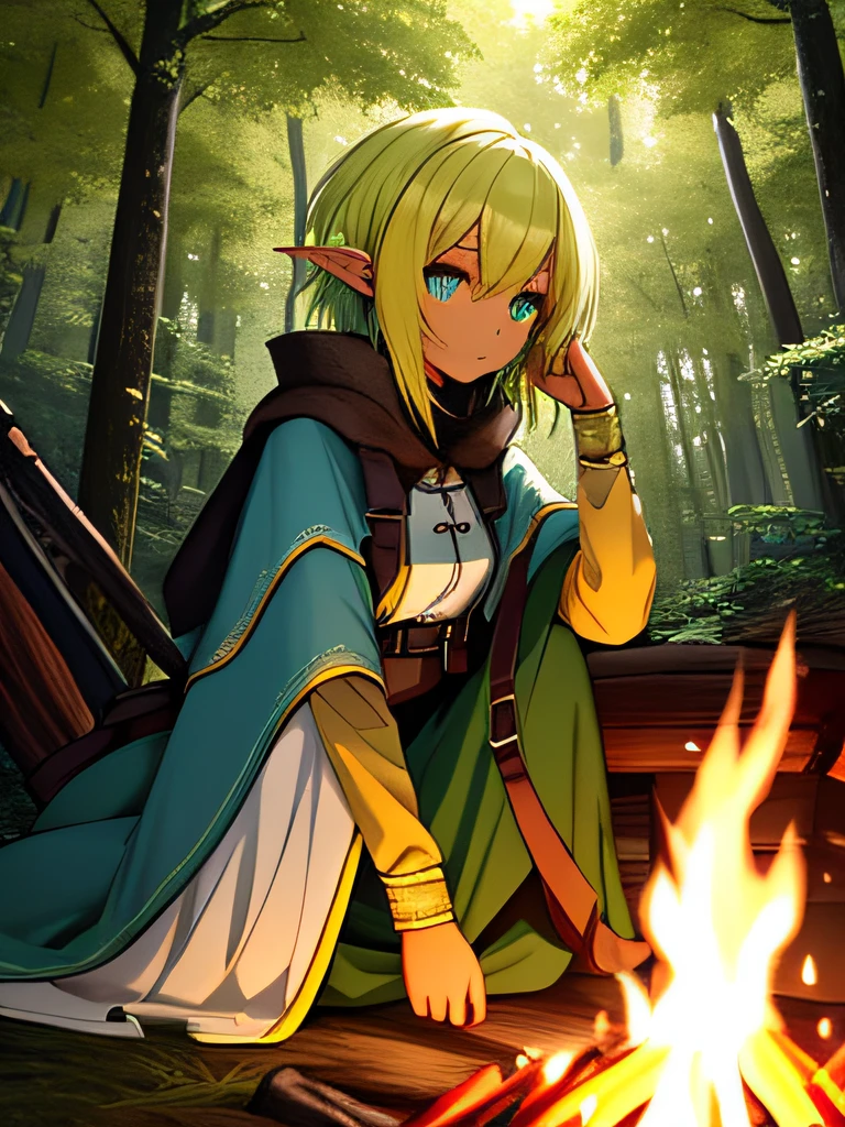 one-girl，short yellow hair，blue color eyes，Elves，Dressed in green，White-colored skin，adolable，at a forest，Sit by the campfire，Best quality at best，exquisite detailing，light particules，Ray traching