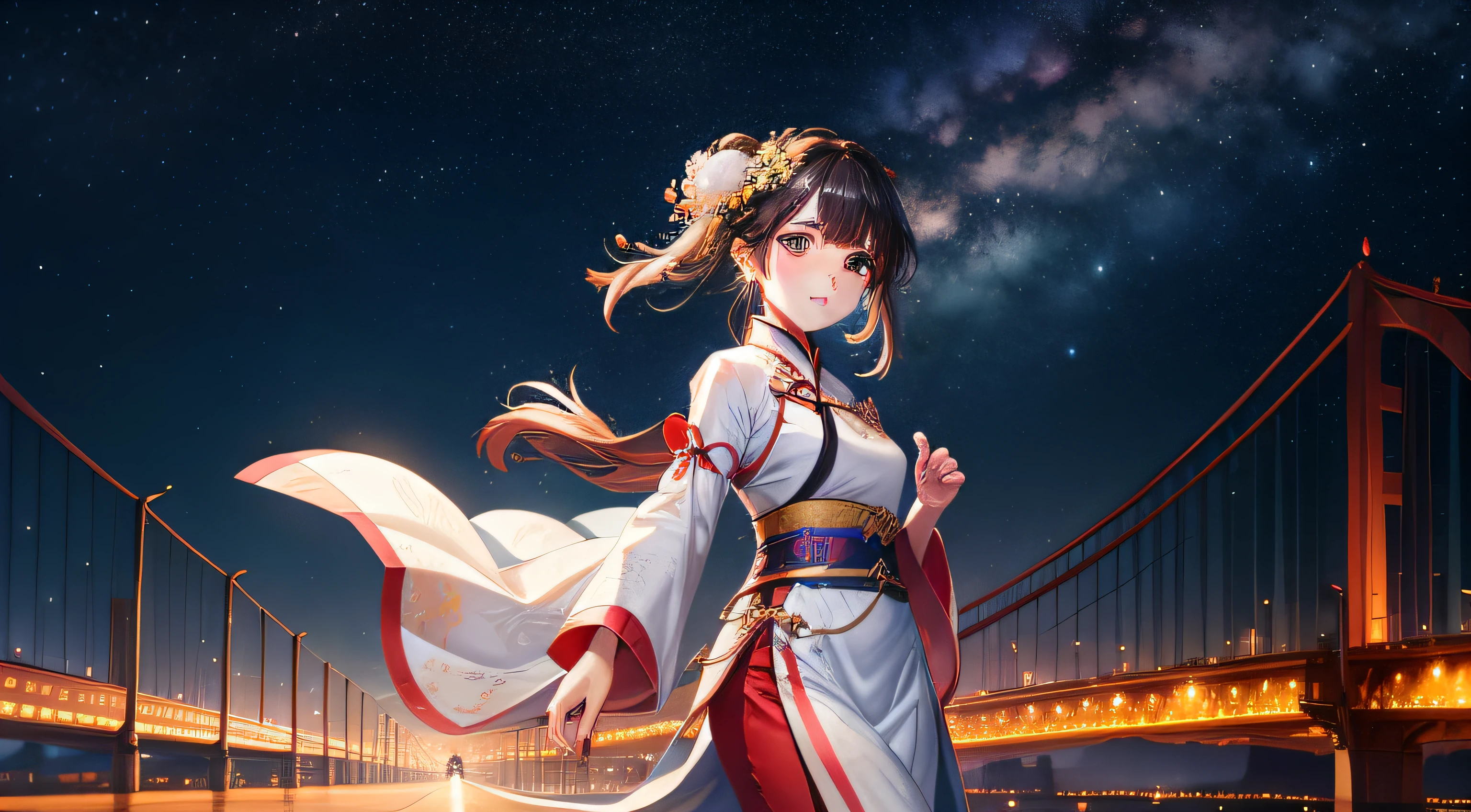 A girl,Hanfu,In the gorgeous city lights,On the road,Face the lens,elevation,run,The background is a starry sky