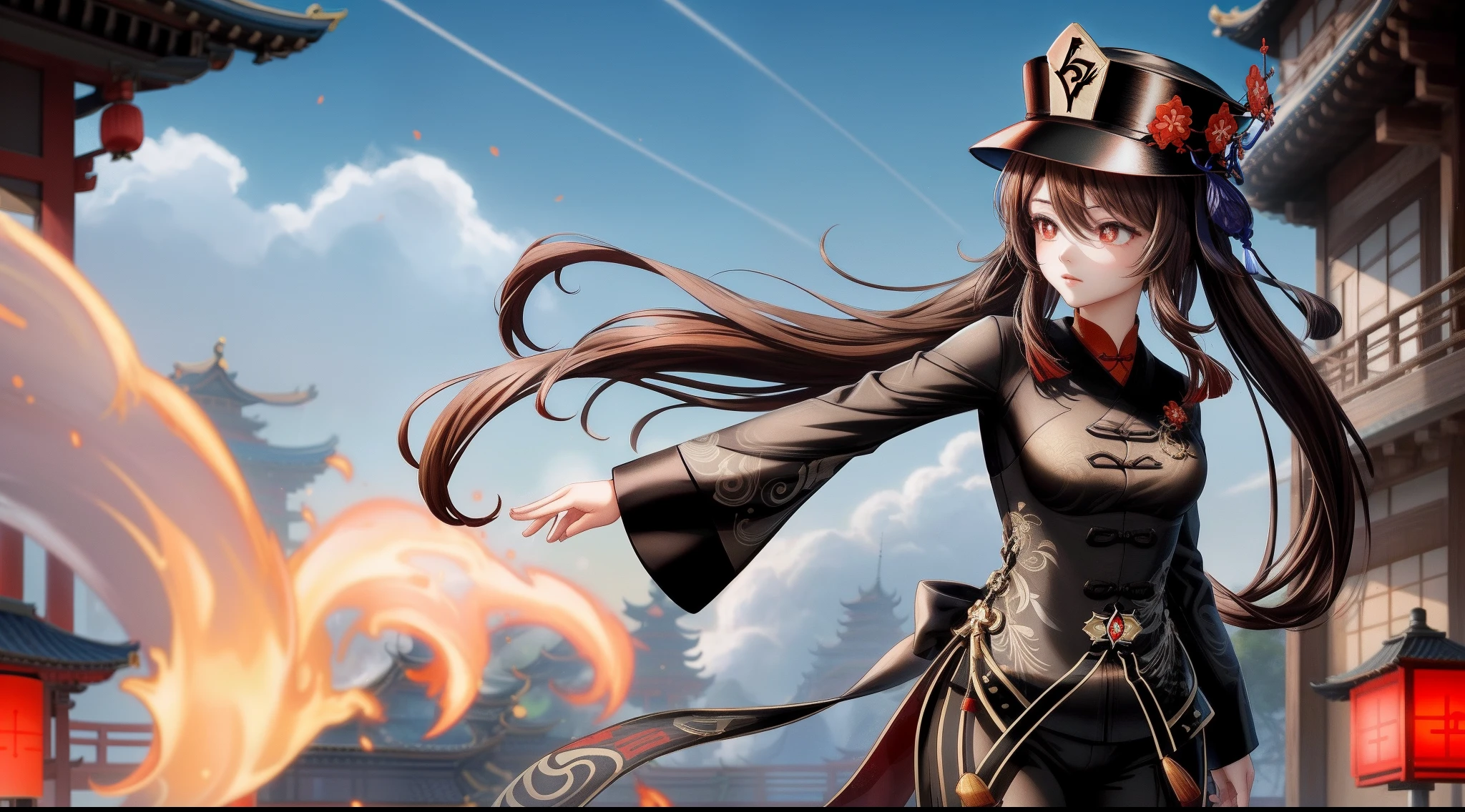 1girl, (hu tao genshin impact), adult body, focused upper body, realistic, (brown hair and black hat), red pupils, standing pose, (black chinese suit),