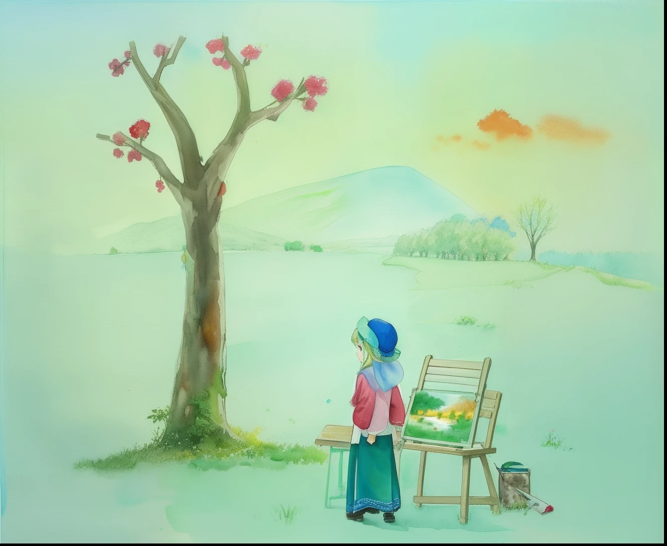 Draw a girl standing in front of a tree with a bench, nature painting, watercolour on paper, based on child's drawing, watercolor paiting, Fati Hassan, paiting, Ismail Akar, water color art on paper, author:Maryam Hashemi, watercolor paiting, traditional art, author:Alice Lahoun, color drawing, kids drawing